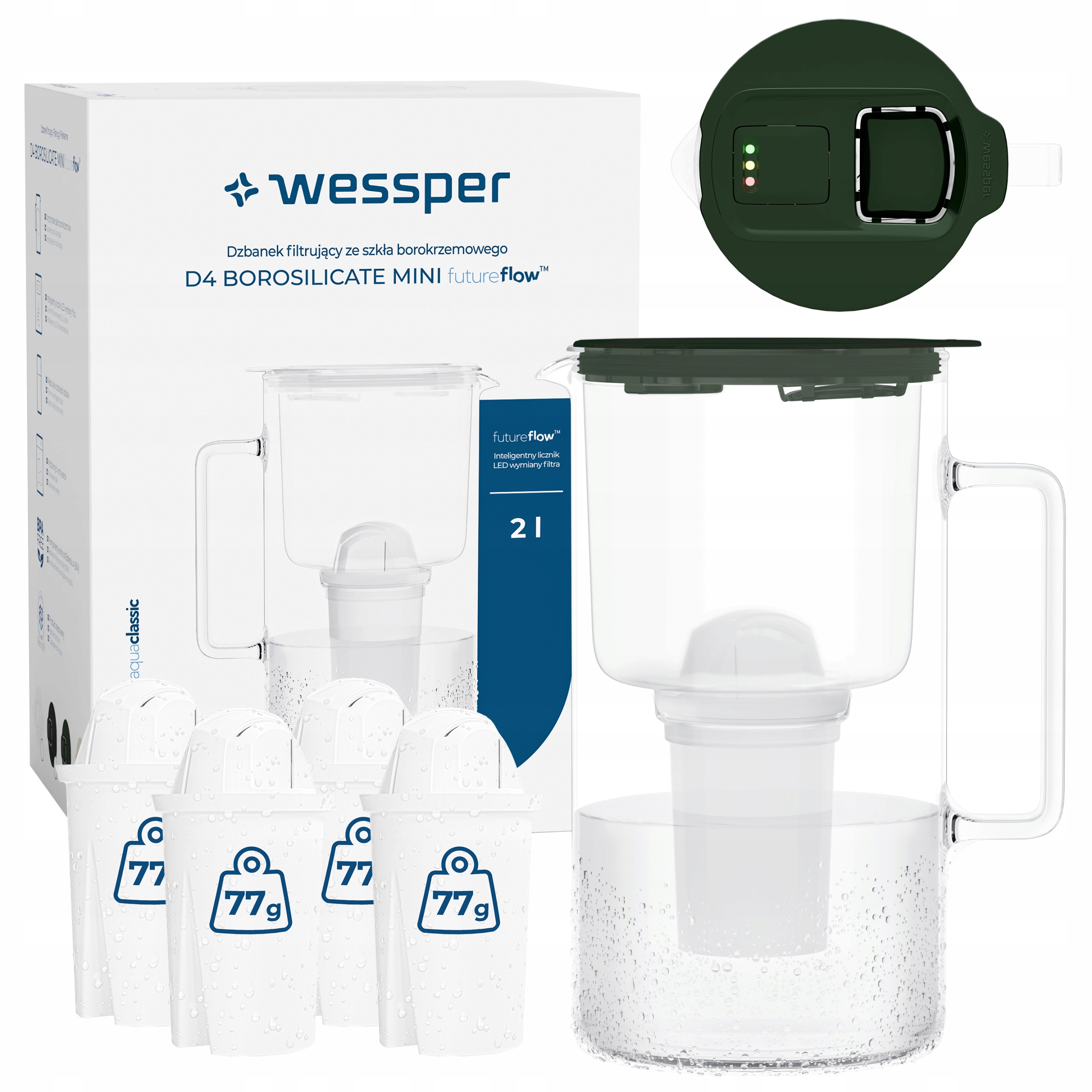 Wessper D4 Borosilicate Mini filtrační konvice skleněná 2l 5x filtr