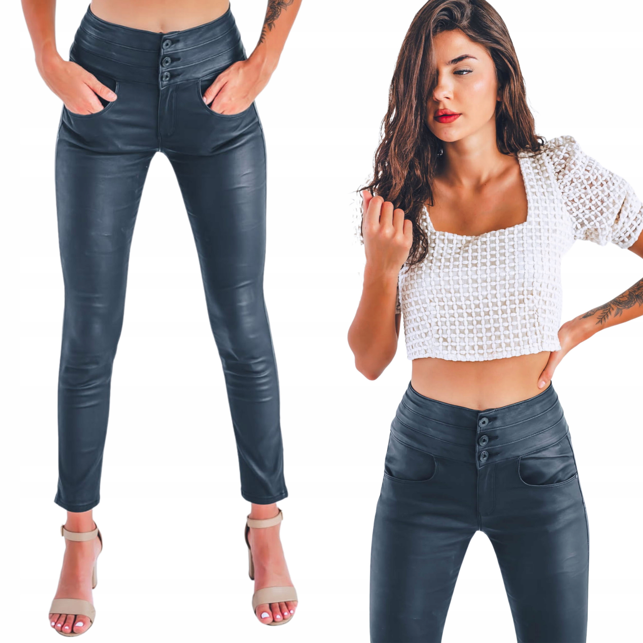 Černé voskované dámské kalhoty s vysokým pasem, velikost Xs