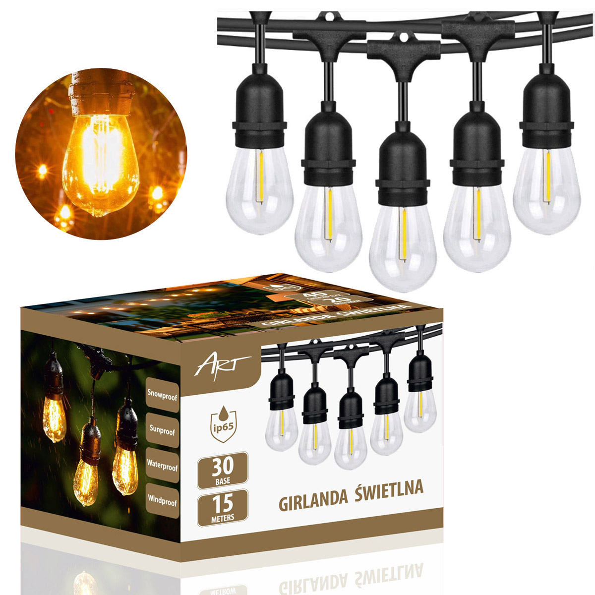 Lampki Ogrodowe Led Girlanda 15m IP65 30xE27 Wodoszczelna Zewnętrzna Art