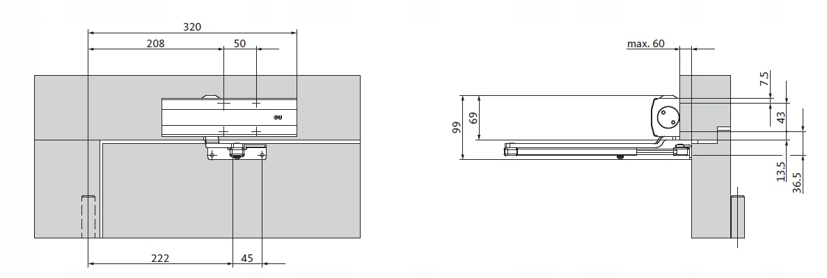 Samozamykacz GU BKS OTS 210 kpl. z blokadą srebrny Typ drzwi jednoskrzydłowe