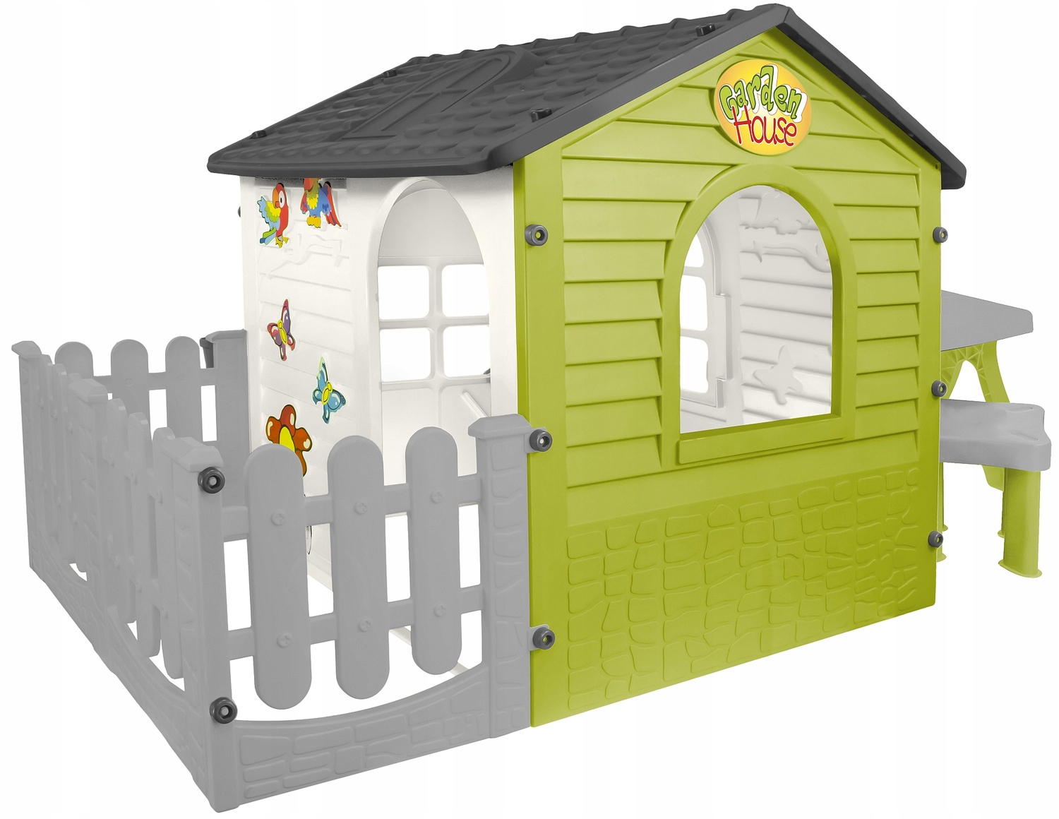 Vaikų lauko žaidimų aikštelė su nameliu su čiuožykla su staliuku Mochtoys 220x122x120.5cm su priedais