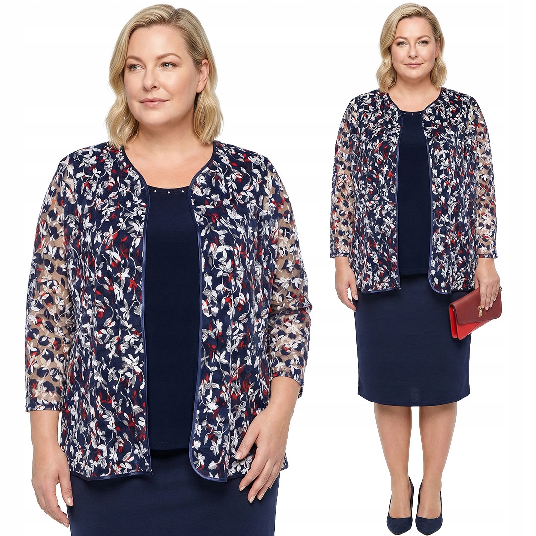 Tmavě modrá halenka a kardigan s červeno-bílými květy plus size velikost 56/5