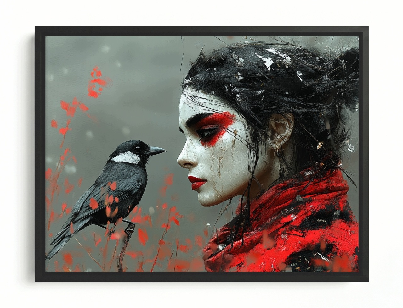 Obraz Rám Americký Box Grafika Žena Pták Havran Surrealismus Temnota 80x60
