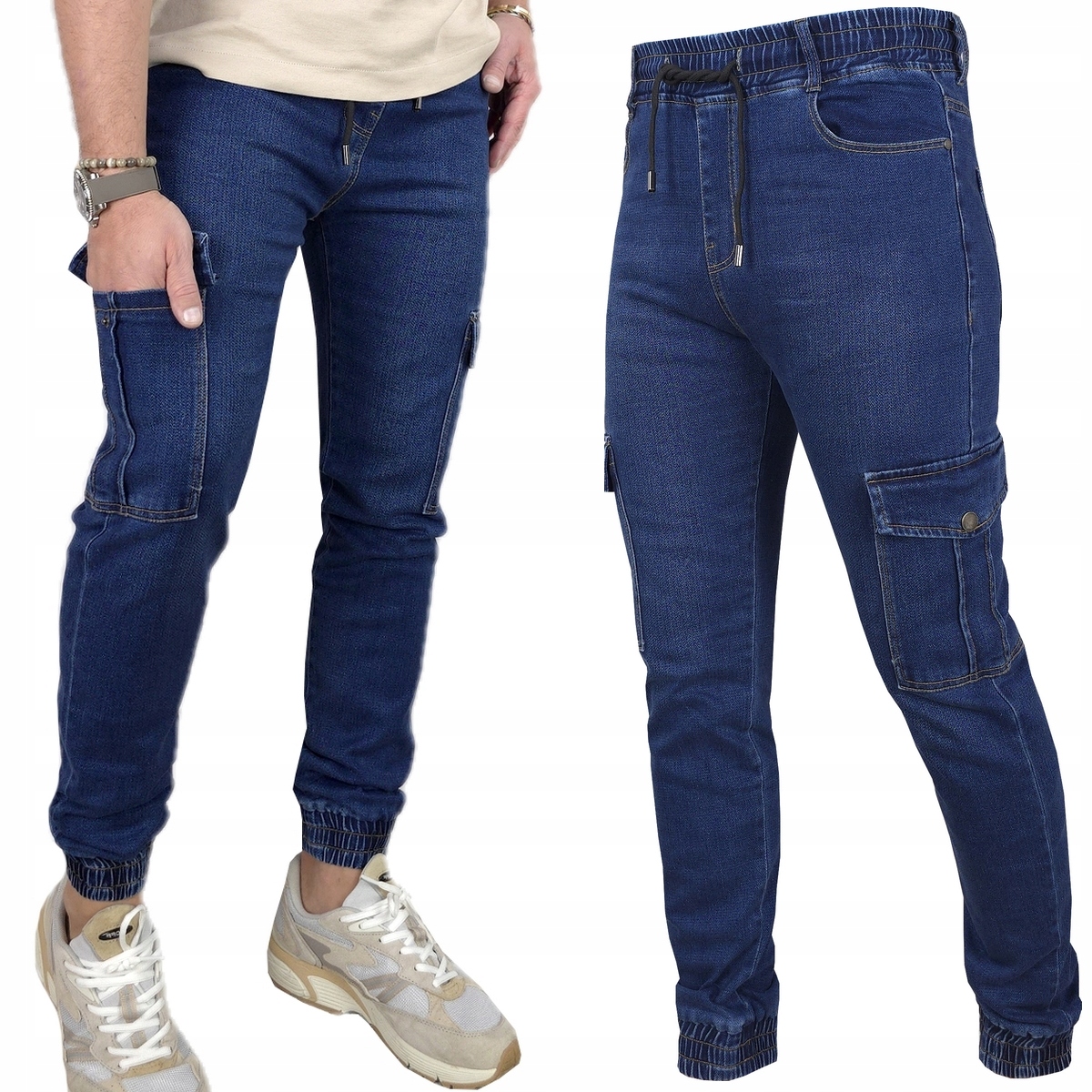 Spodnie Męskie długie Jeansowe Bojówki 7 Kieszeni Pas Gumką 101 S