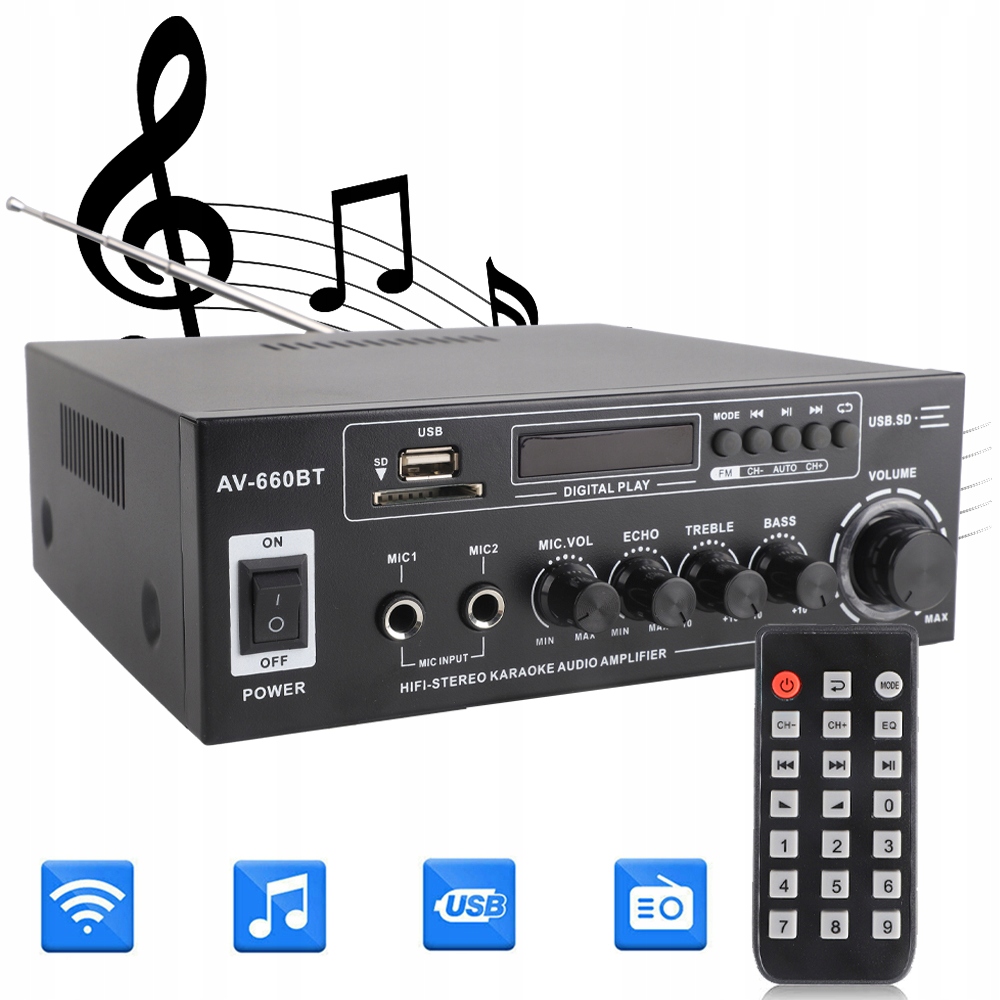 AMPLITUNER WZMACNIACZ STEREO BLUETOOTH PILOT FM AMPLITUNER AUDIO MOCNY Marka bez marki