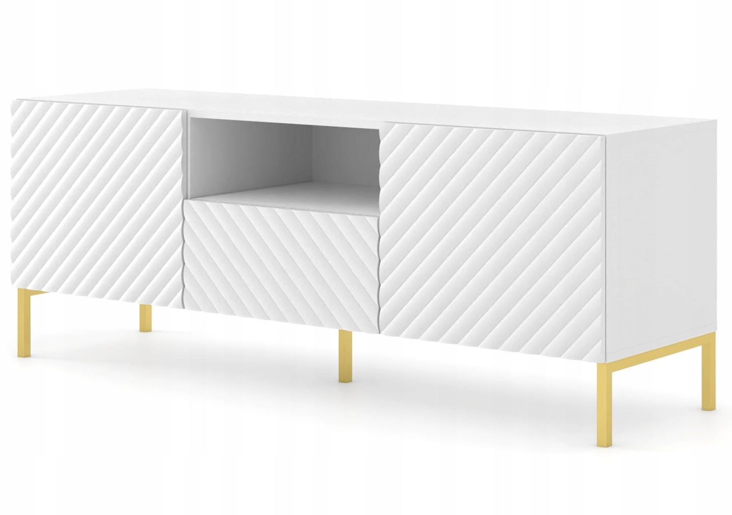 Rtv skříňka Surf 150 cm 2D1S bílá matná, kovové nohy, zlatá frézovaná čela