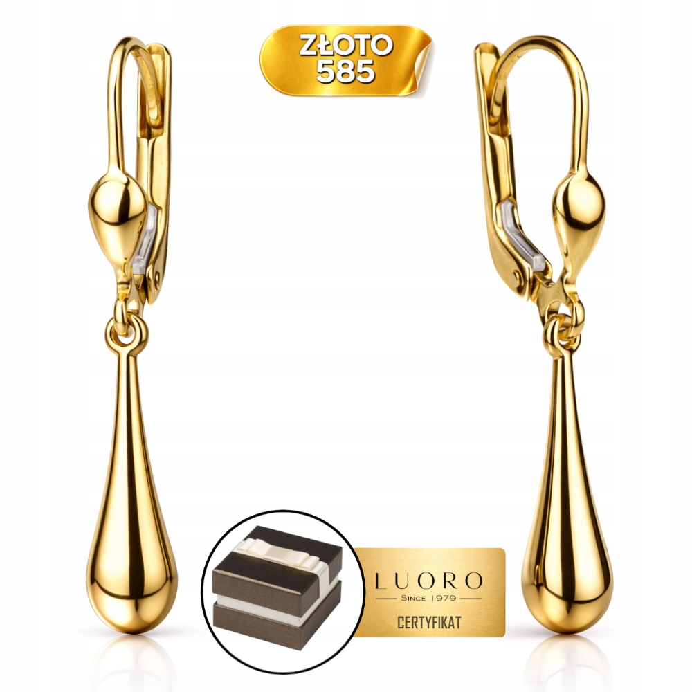 Náušnice Zlaté 585 14K Hladké Mačičky Slzička 35 MM Anglické Zapínání