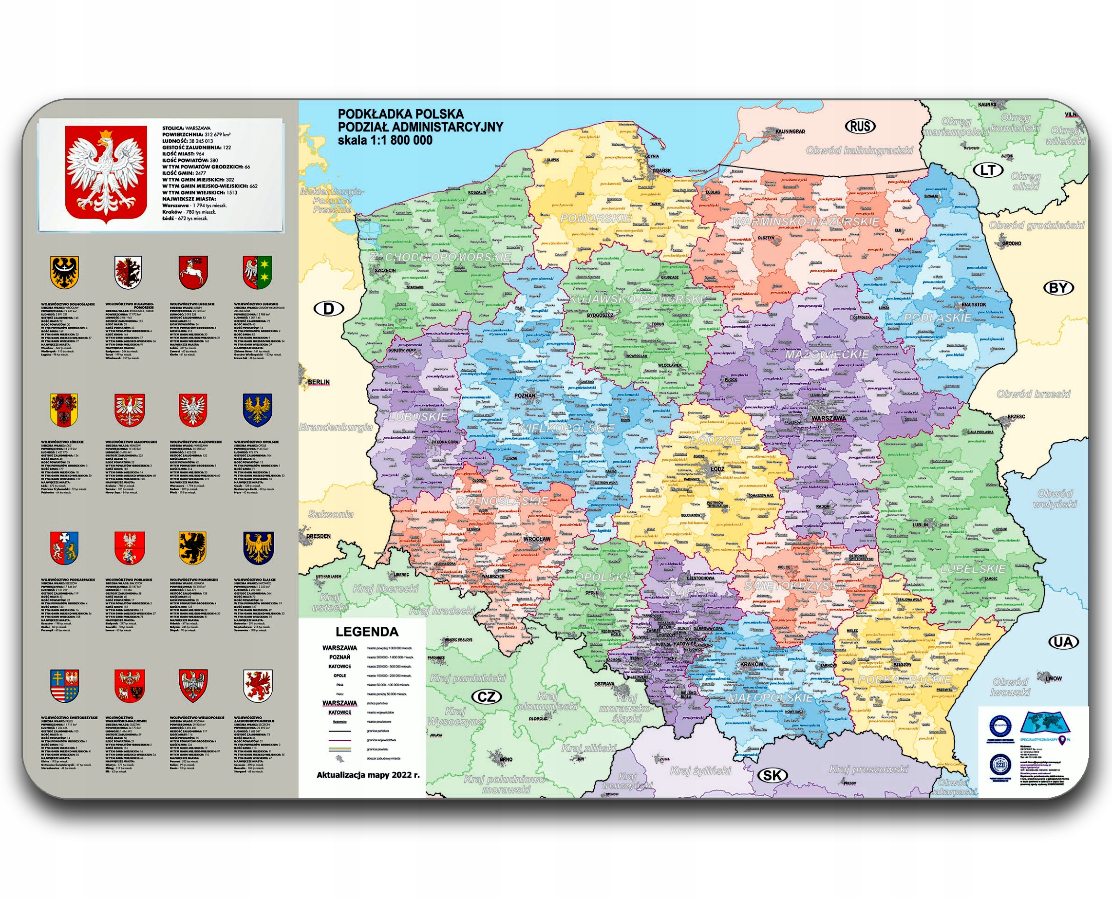 Duża Podkładka Mapa Polski Administracyjna 58x38 Biurowa pod mysz Komputer