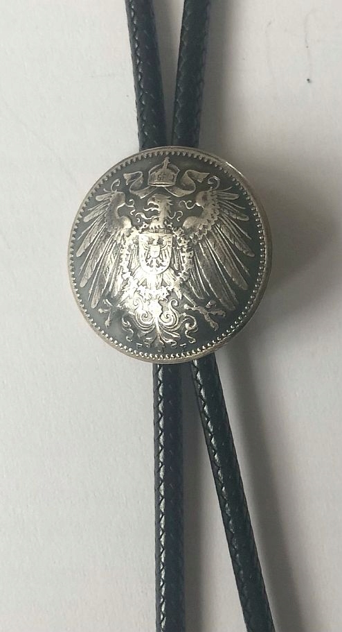 Bolo mince 23 mm stříbrný orel 2 značky 1904 kravata westernová, vosková pletenina