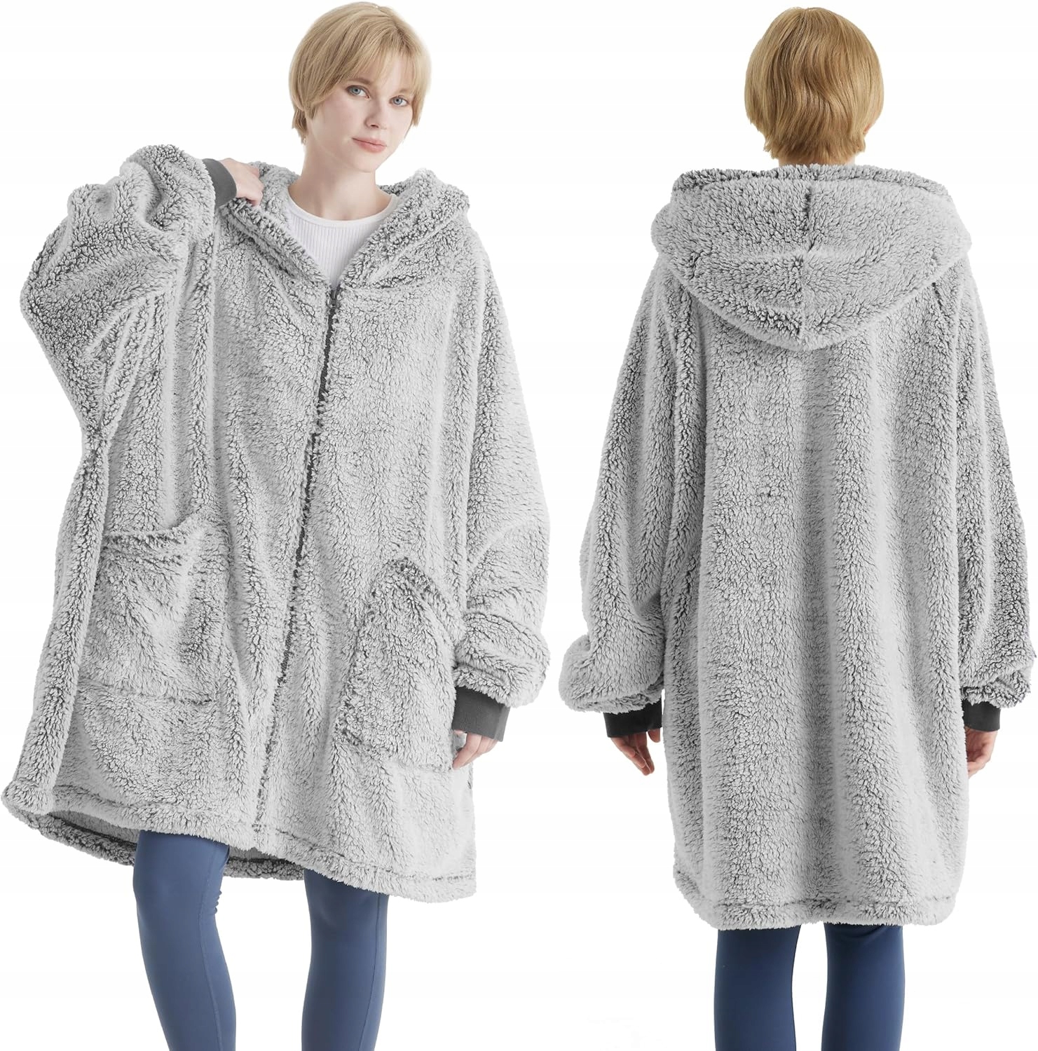Bedsure Šedá Deka s kapucí Měkká Teplá mikinová deka s Oversized rukávy