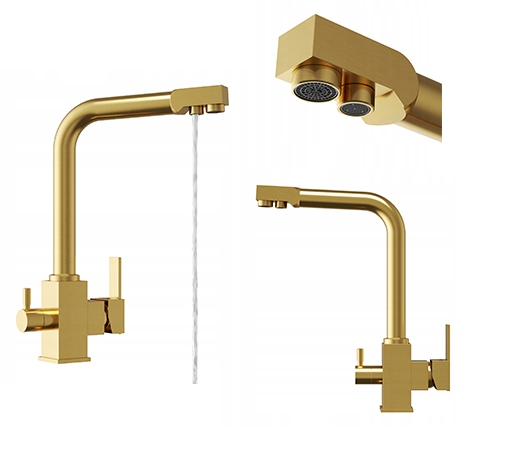 Trojcestná kuchynská batéria pre vodný filter, kohútik Node, zlatý výtokový filter