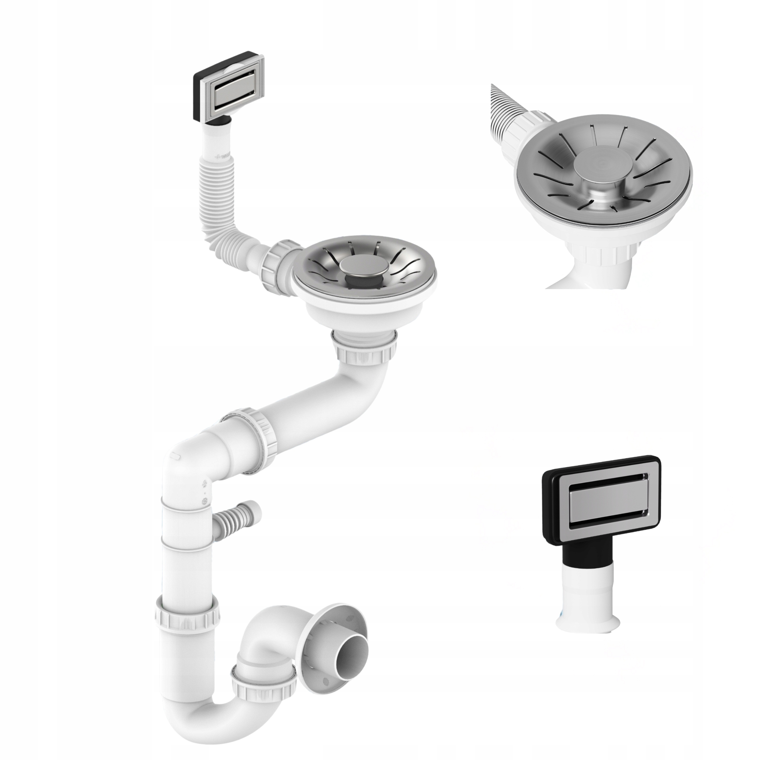 Sifon do ocelového dřezu jednokomorový s obdélníkovým přepadem inox Lux