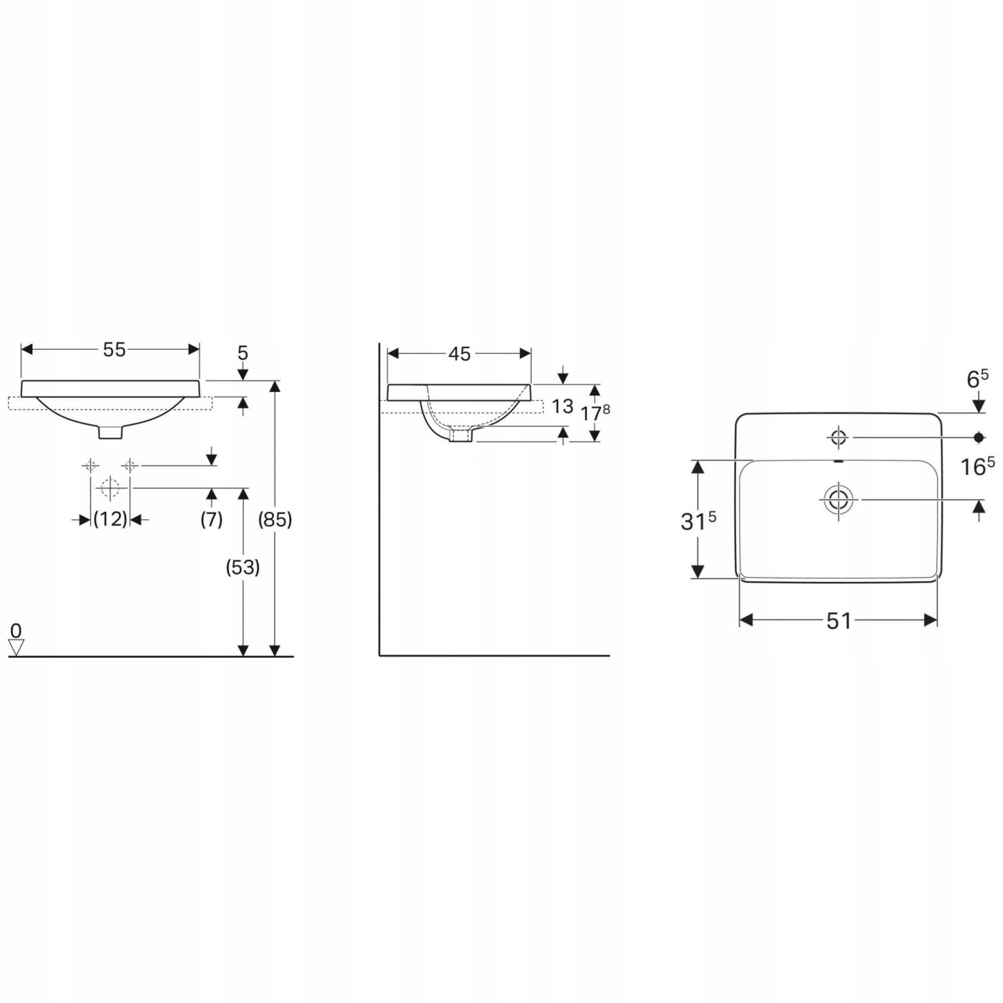 UMYWALKA WPUSZCZANA PROSTOKĄTNA BIAŁA 55X45 CM GEBERIT VARIFORM Marka Geberit
