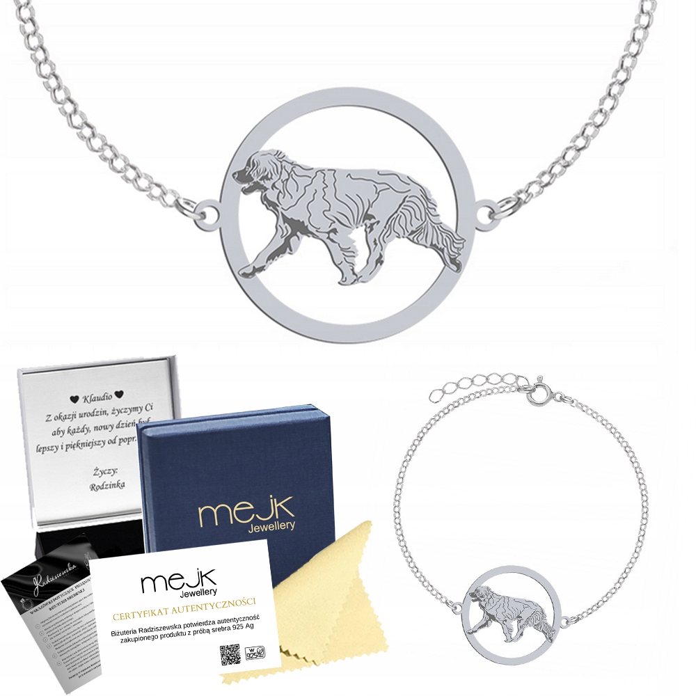 Náramek se psem Leonberger Stříbro 925 Řetízek Žena Gravírování Bonus
