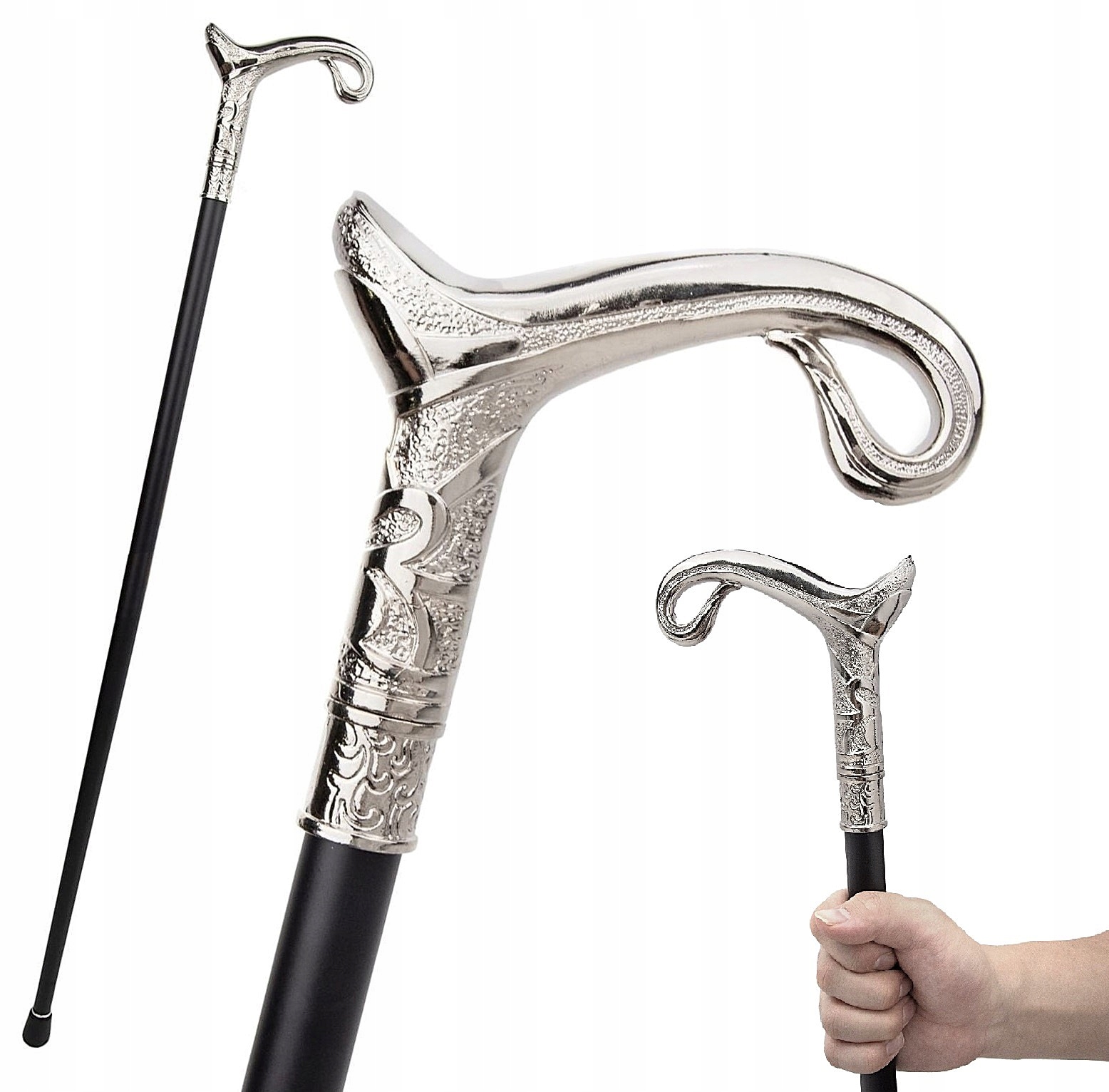 Laska metalowa ozdobna Derby Srebrna Gustowna laska spacerowa z nakładką