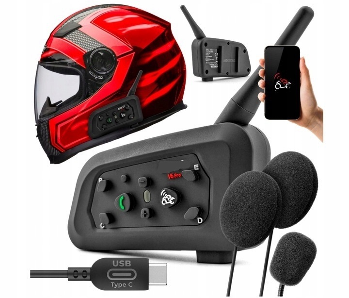 Interkom Motocyklowy V6 Pro+ Plus Usb-c Bluetooth