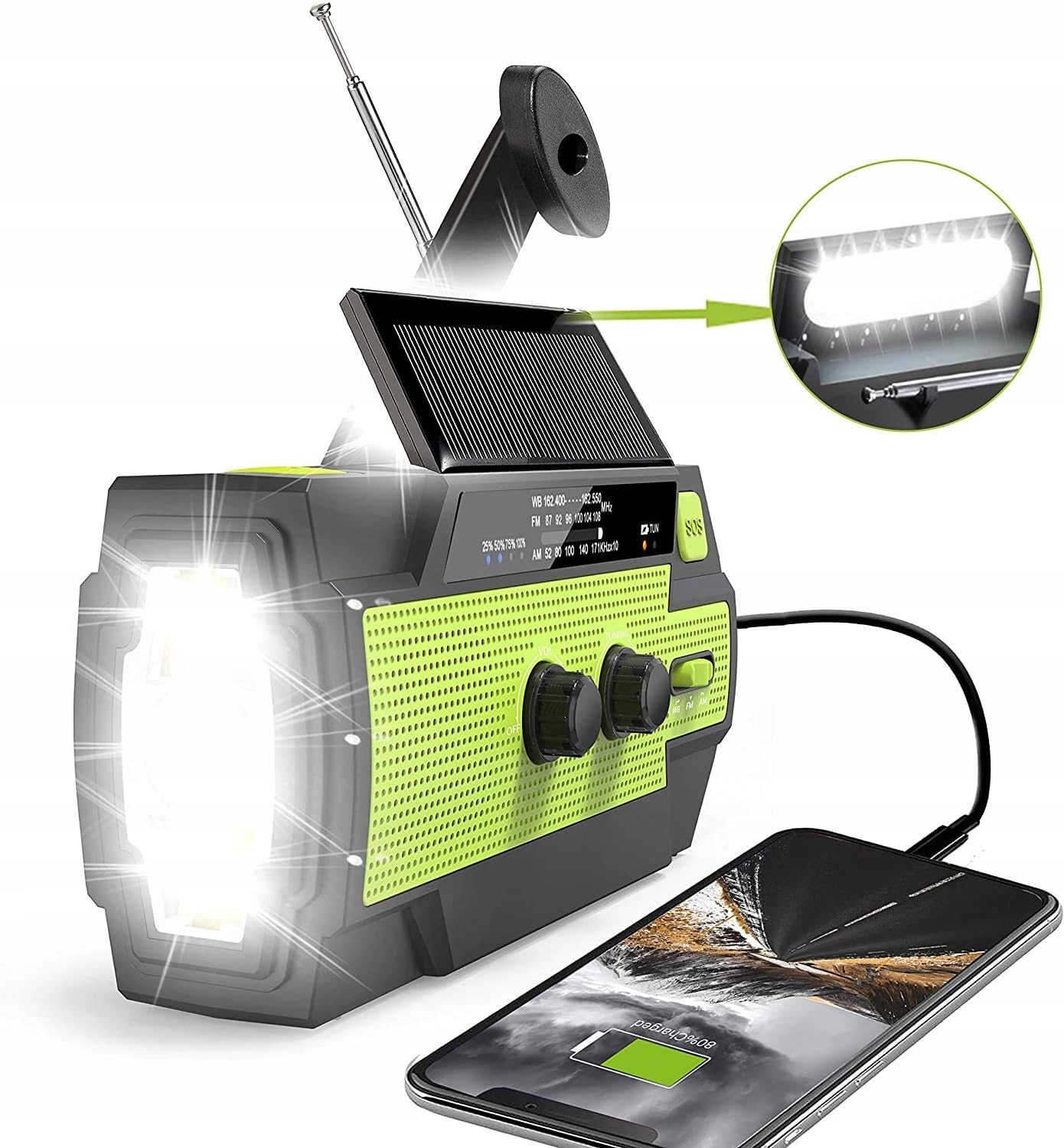 Solární Rádio Dynamo Am/fm Přenosné S Klikou A Led Svítilnou 4000 mAh