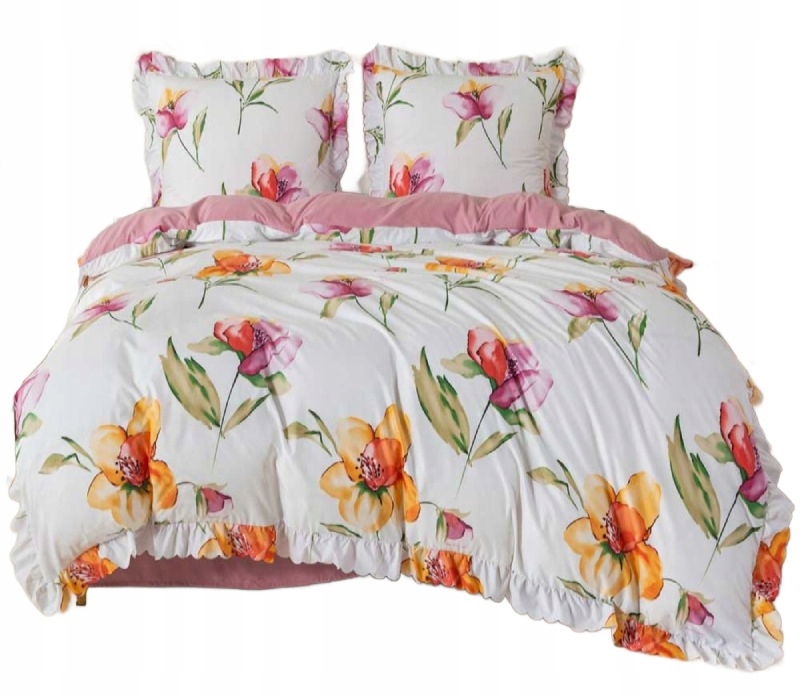 Pościel z falbanką 220x200 mikrofibra Cotton World 3 el różowa w kwiaty