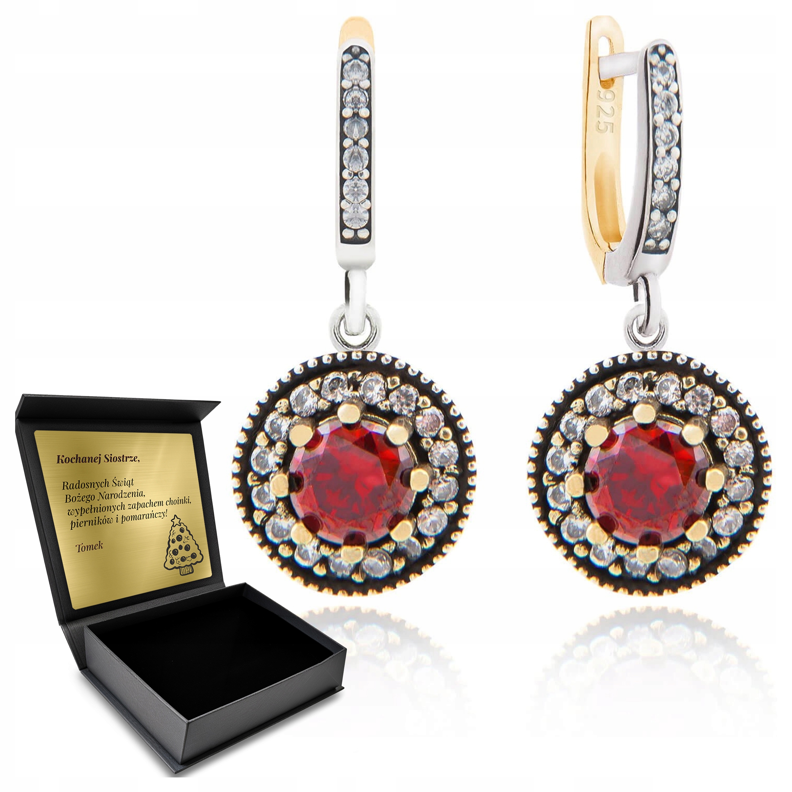 Stříbrné Náušnice 925 Se Zirkony A Granátem pro ženy Gravírování Bonus