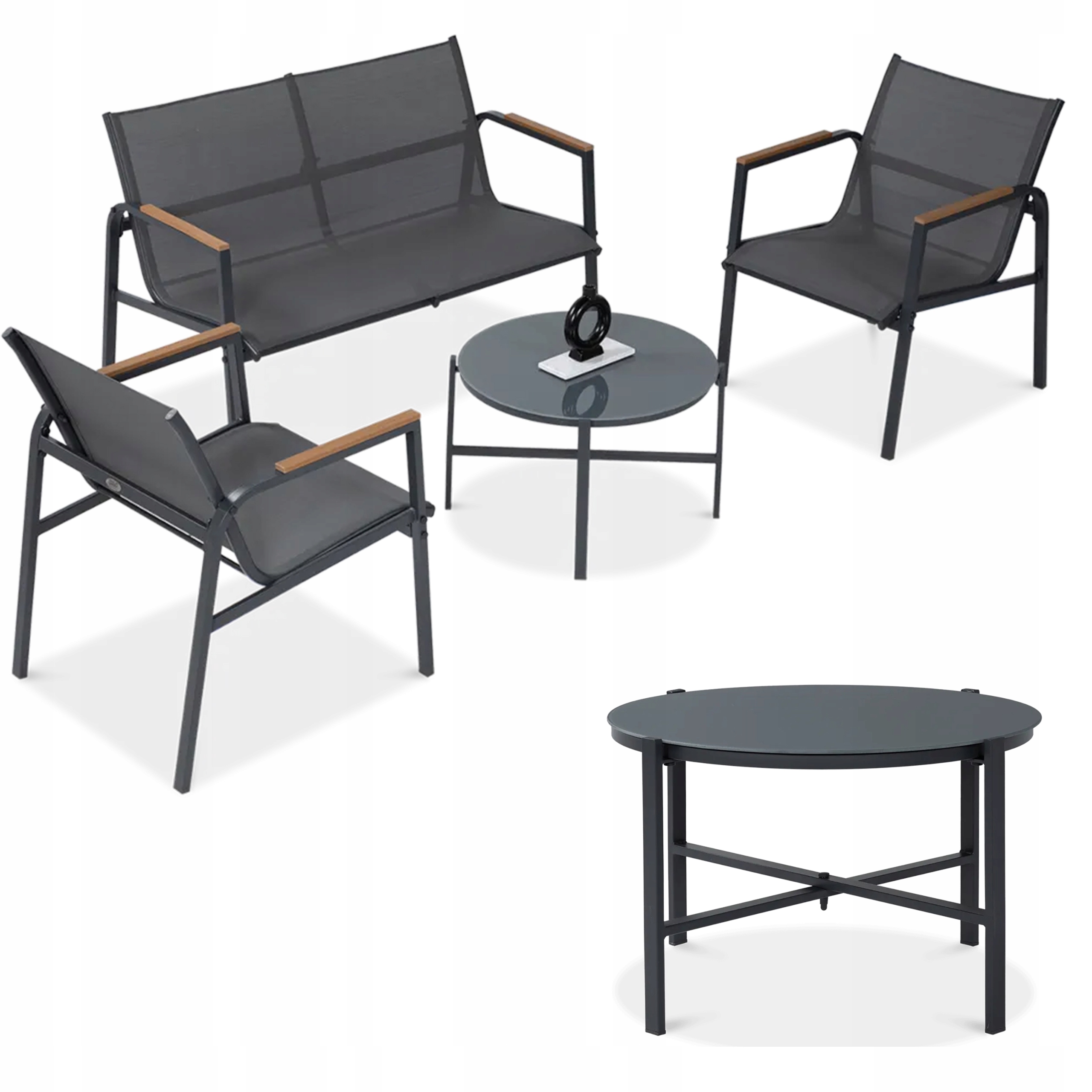 Zostava záhradného nábytku Mango na terasu: 2x kreslo, pohovka, konferenčný stolík, sivá