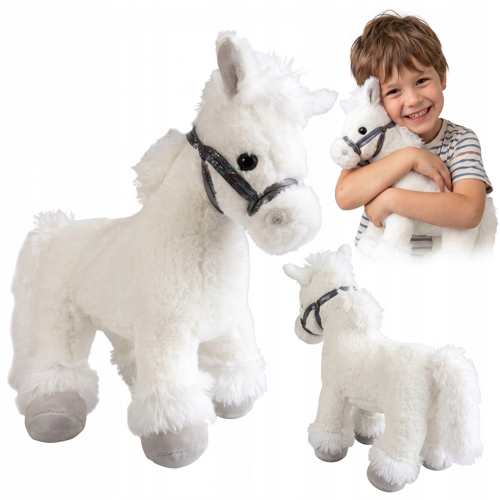 12x Pluszowy Konik Biały Stojący Koń z Uprzężą Maskotka dla Dzieci 35 Cm