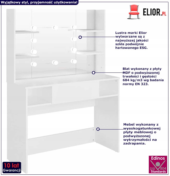 NOWOCZESNA TOALETKA Z OŚWIETLENIEM = LED I PÓŁKAMI Marka Elior