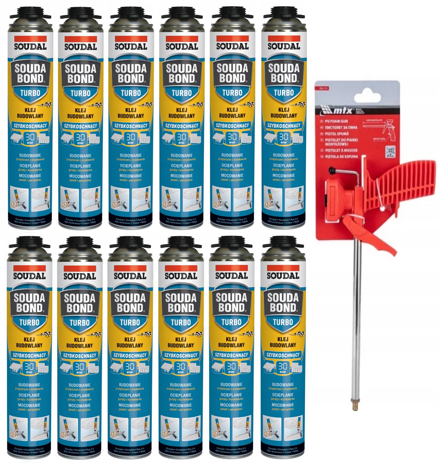 Soudal Lepiaca Pena Polyuretánové lepidlo Turbo Rýchle 12 x 750 ml Pištoľ Mtx