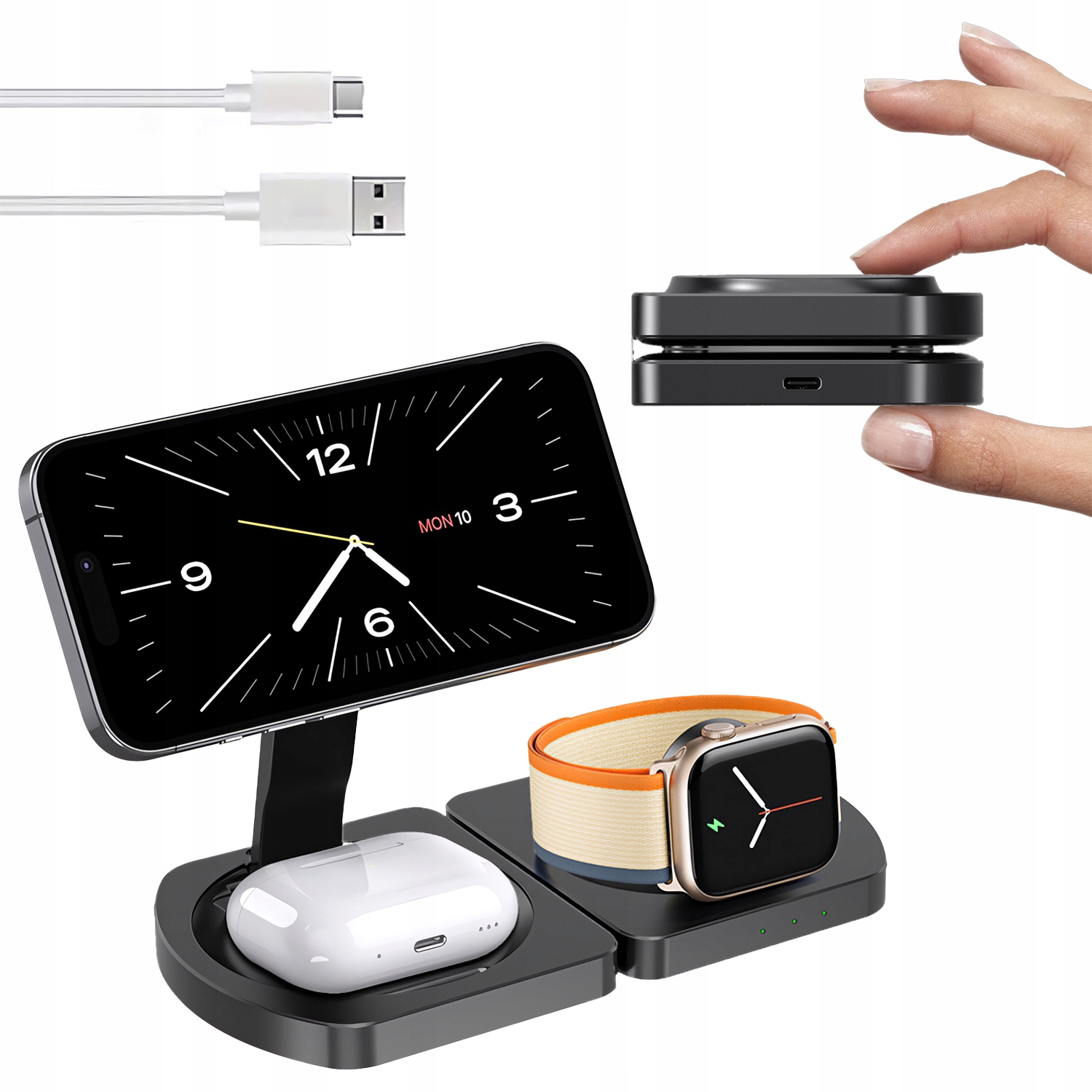 Ładowarka Indukcyjna 3W1 Magsafe Składana Stojak Na Telefon 15W Apple