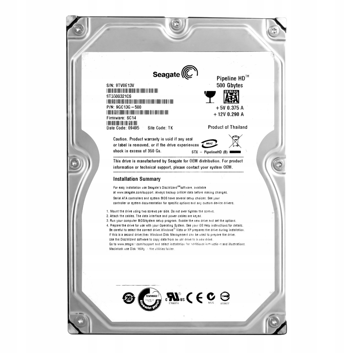 Seagate Pipeline Hd 500GB 5900 ot/min 8MB Sata II 3.5" ST3500321CS