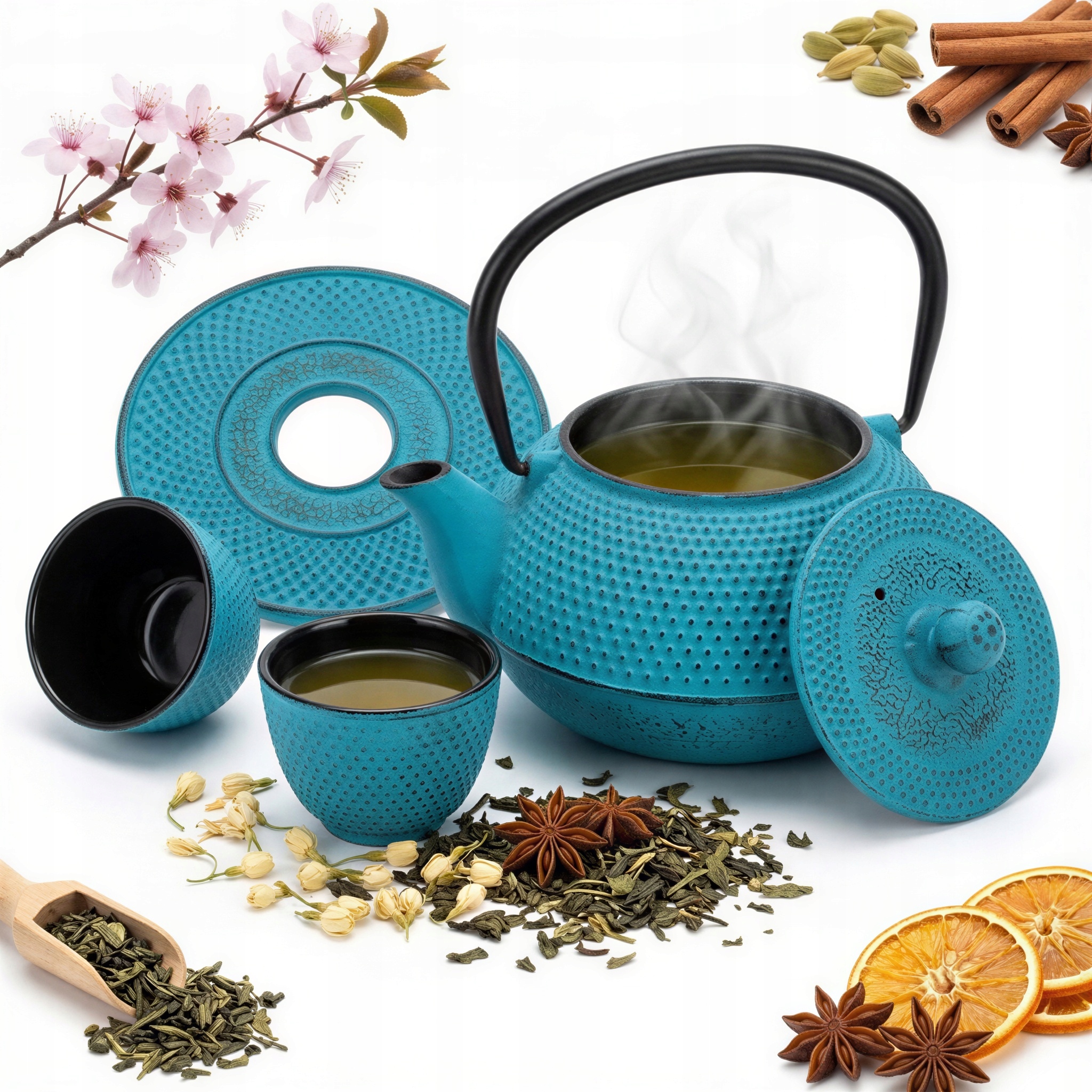 Liatinová Kanvica 1,5L Čajník 2x Šálky Podložka Zaparčovač Na Čaj Sitko