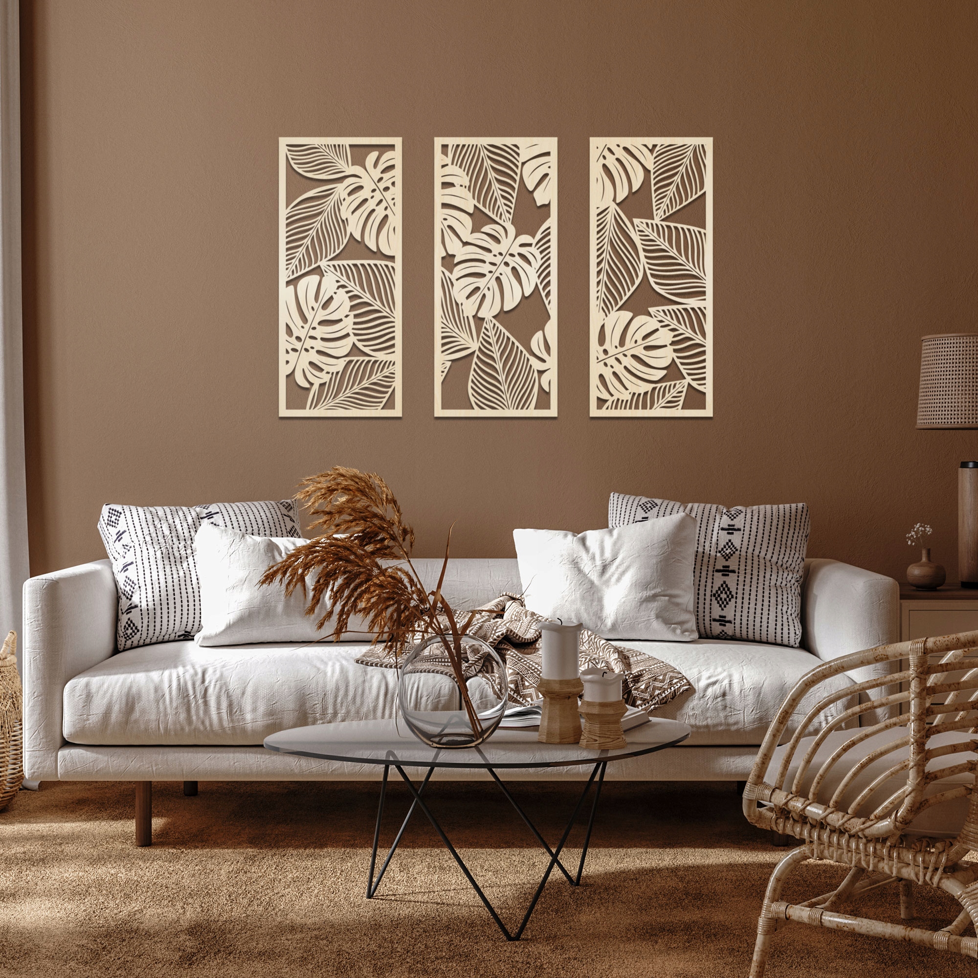 Zestaw 3 paneli drewnianych na ścianę Monstera Tematyka motywy roślinne