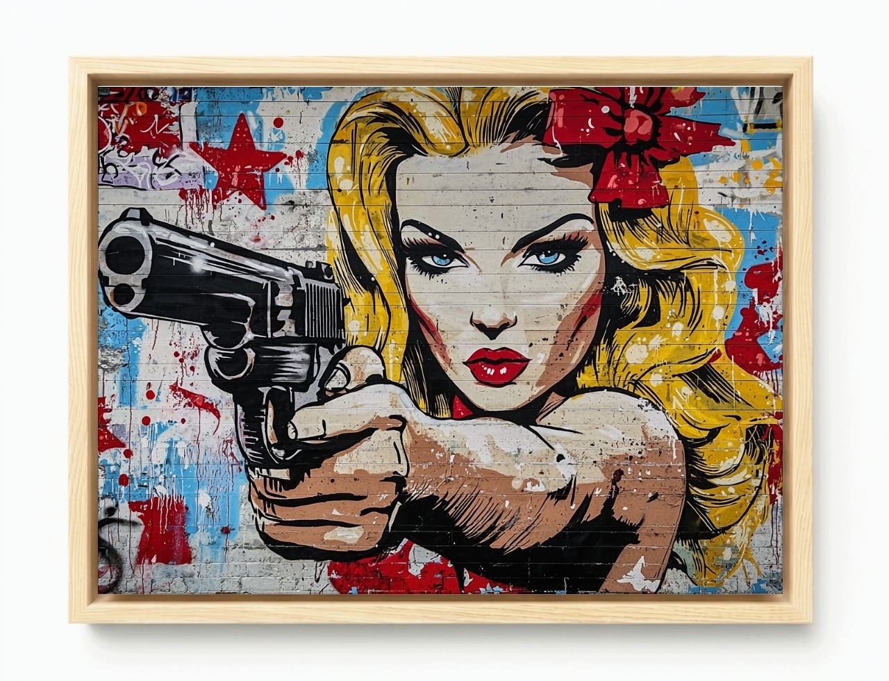 Obraz Rám American Box Cihlová Zeď Graffiti Žena Pistole Portrét 100x75