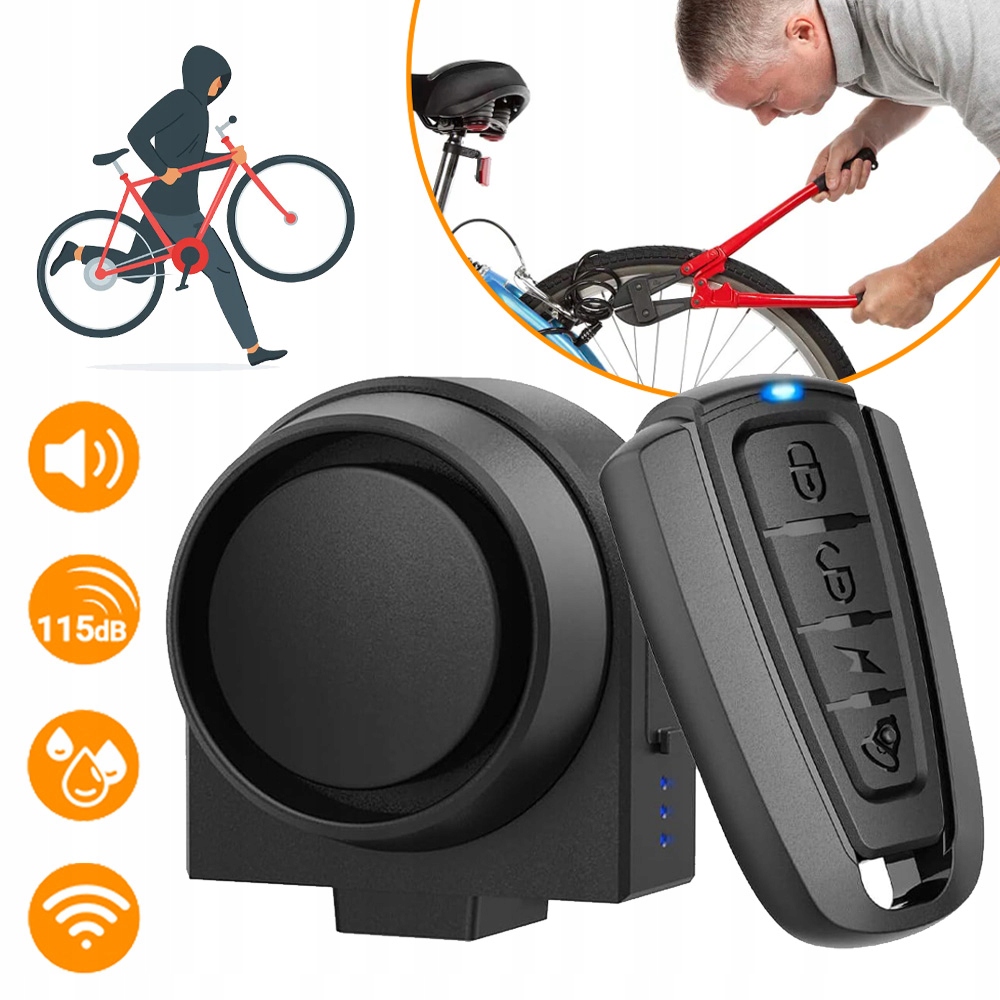 Alarm Rowerowy Motocyklowy Zabezpieczenie Bezprzewodowy Z Pilotem 115DB