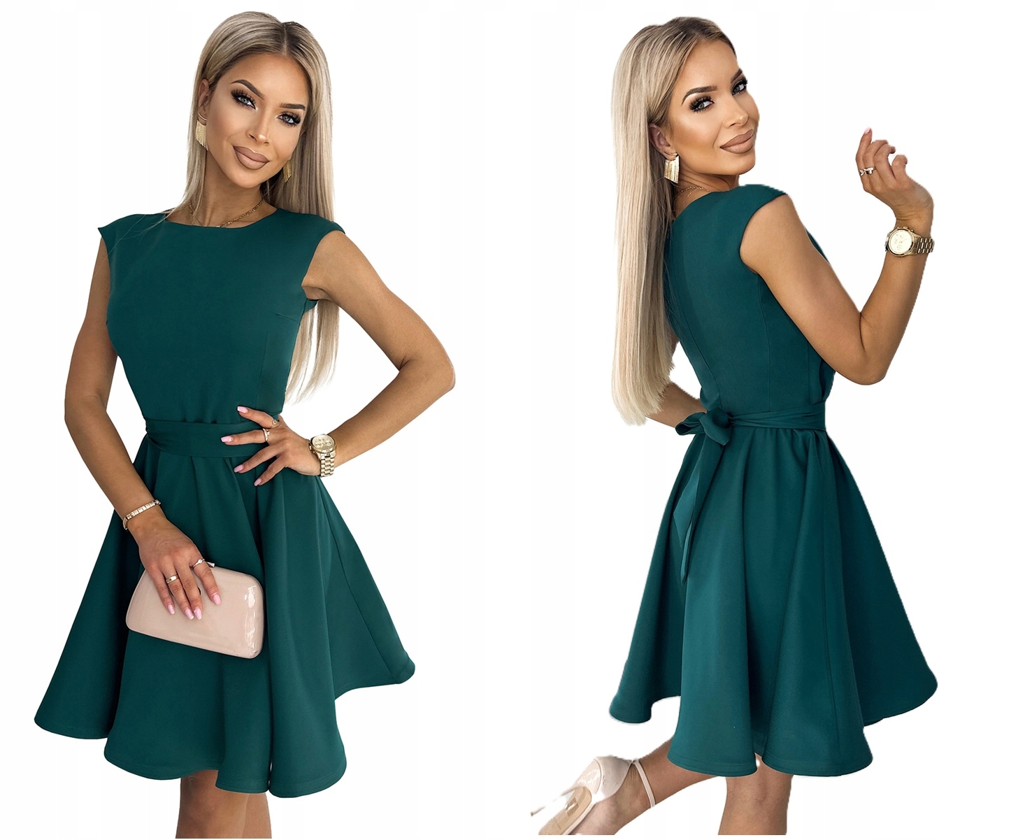 Klasická Rozevřená Šaty S Pásek V Pase Lahvově Zeleň M