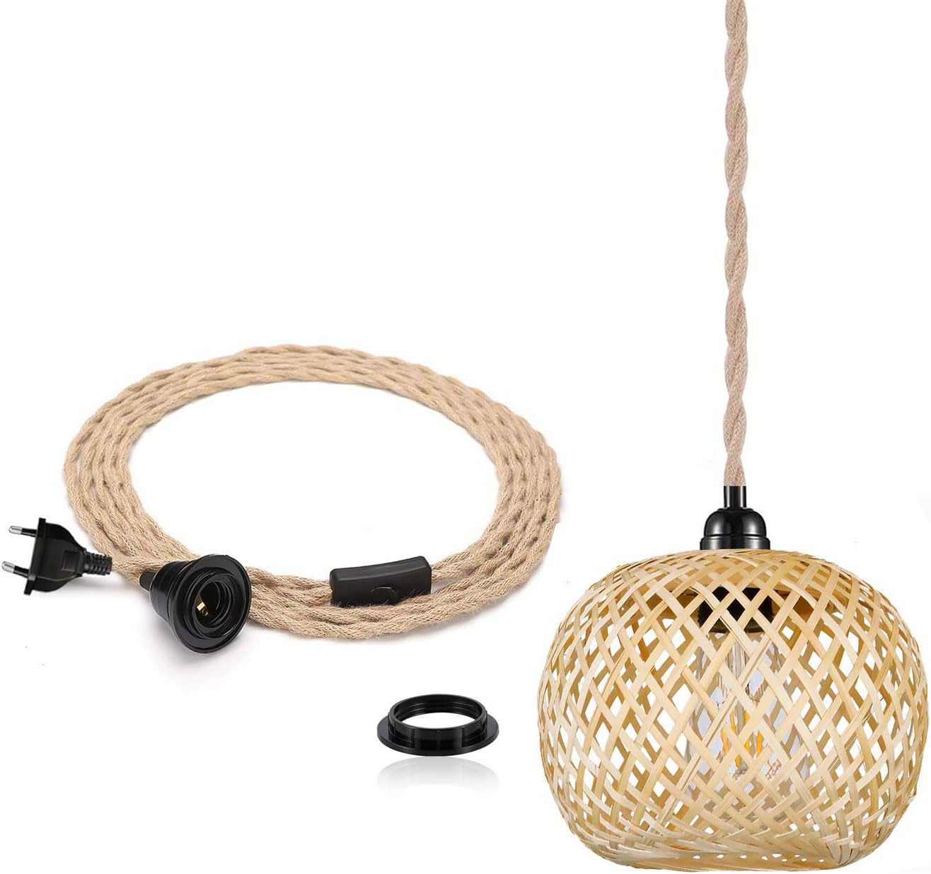 Závěsná Lampa Boho ratan bambus EcoGehen vintage E27 450 cm kabel