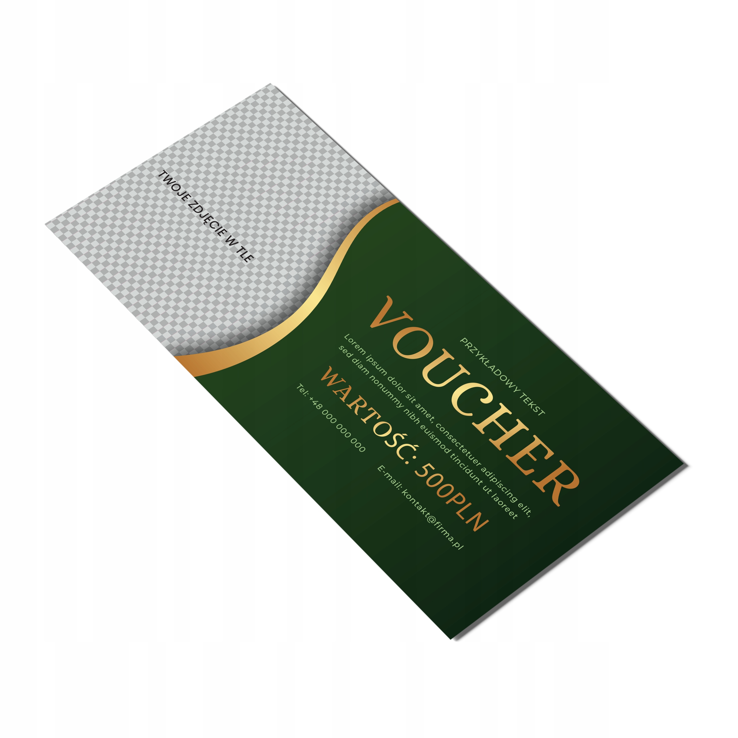 Vouchery upominkowe zielone złote matowe 350g DL PROJEKT GRATIS 100 sztuk Format papieru format DL