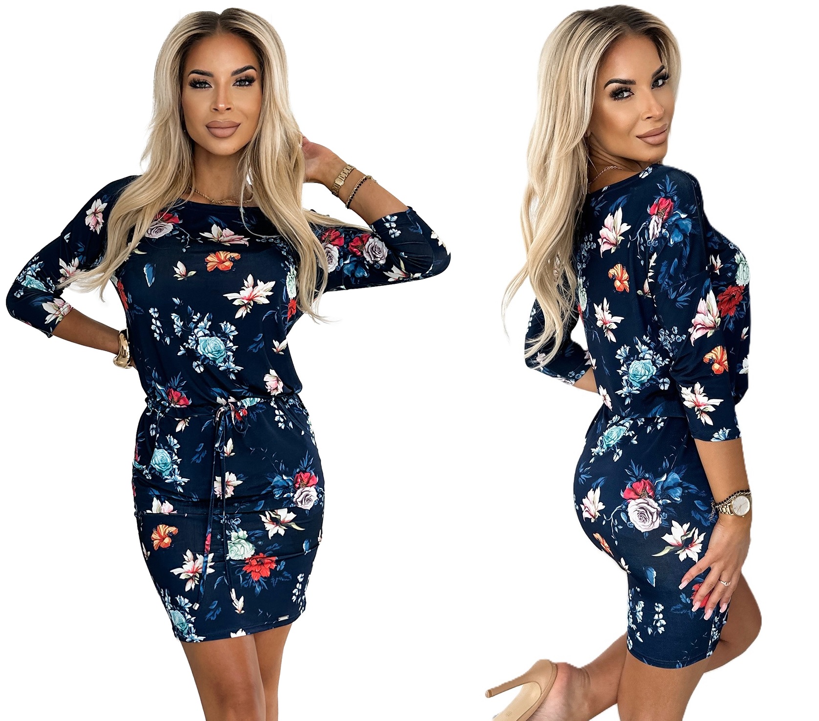 Jarní Sportovní Šaty Se Zavazováním V Pase, Květiny Na Tmavě Modrém Pozadí, Velikost XXL