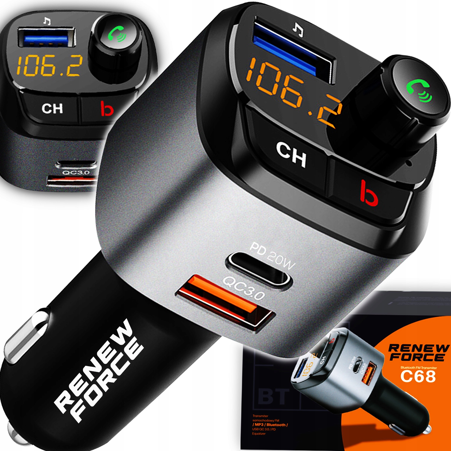 NAJMOCNIEJSZY Transmiter bluetooth FM samochodowy ładowarka 36W QC3.0 USB-C