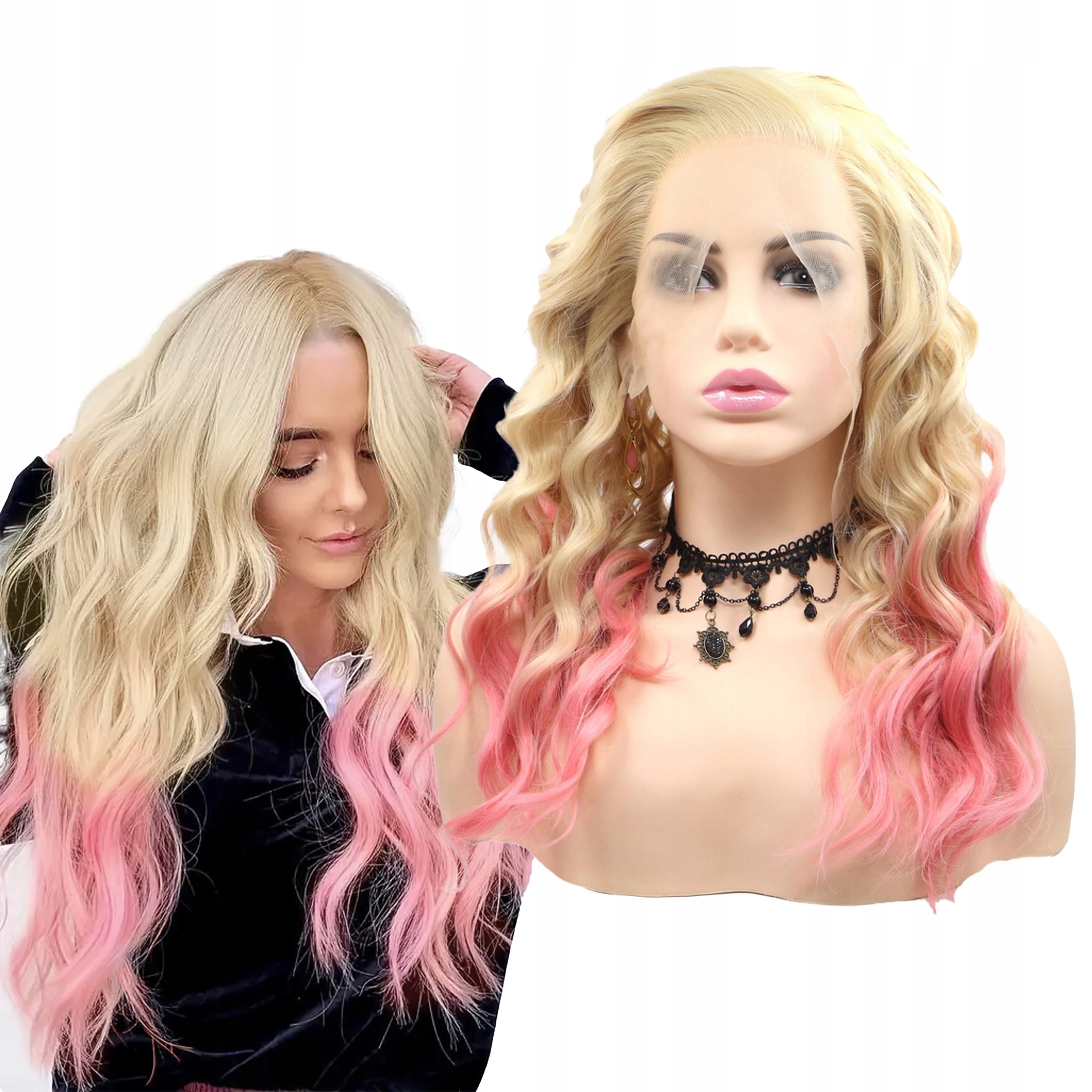 Paruka Lace Front ze Syntetických Vlasů blond pastelově růžová ombre vlny