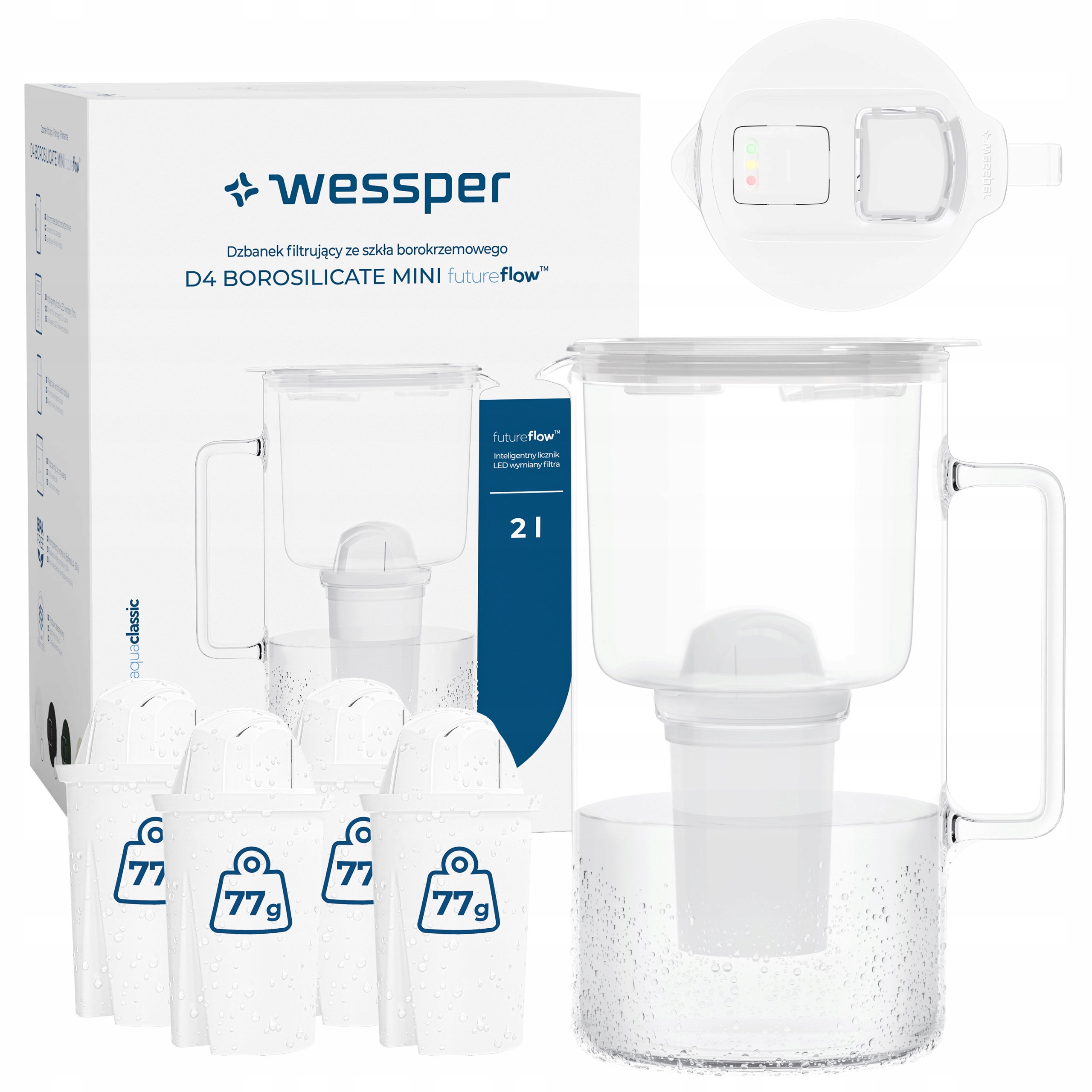 Wessper D4 Borosilicate Mini dzbanek filtrujący szklany 2l 5x filtr