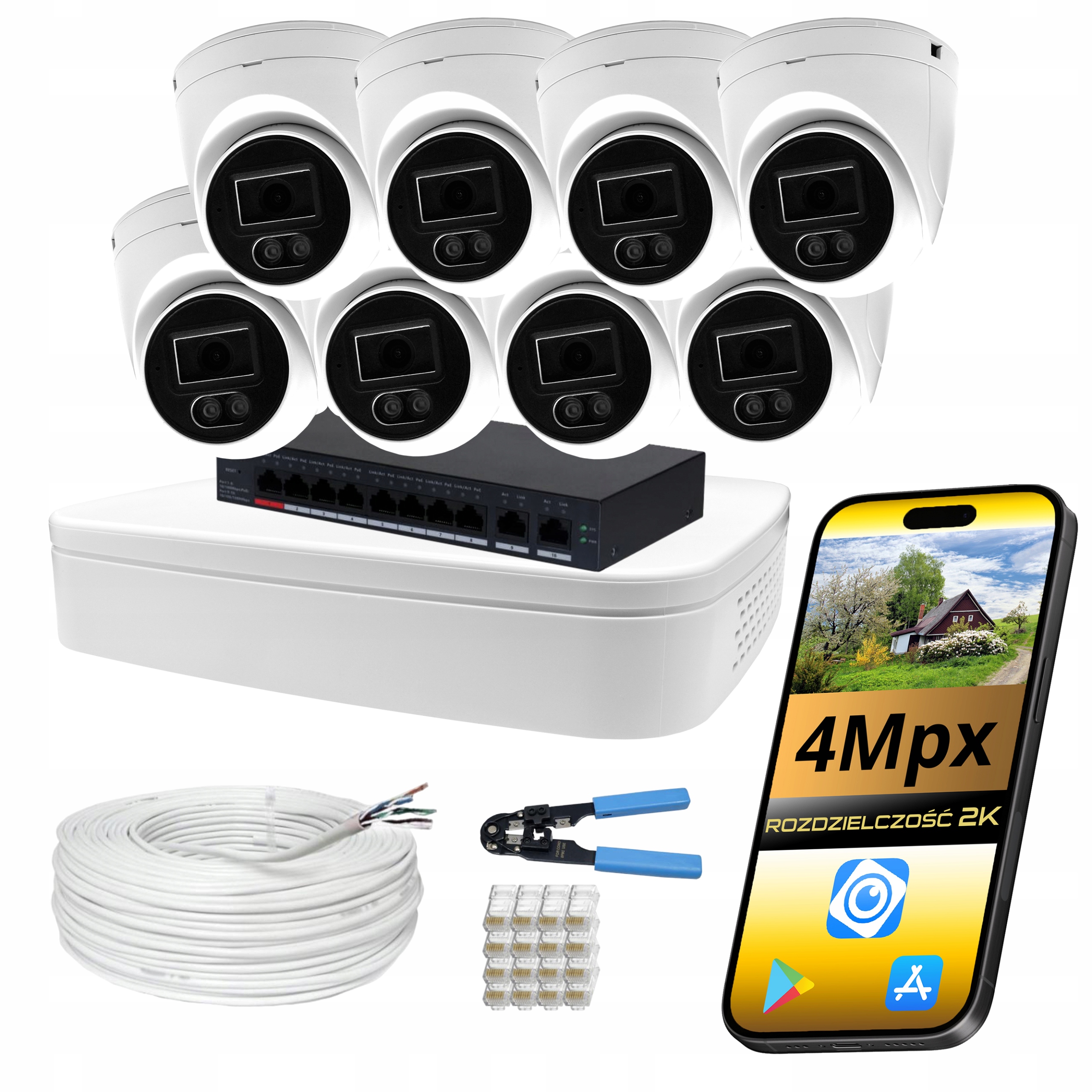 Monitoring Set 8 Ip kamer PoE 4Mpx Hd Venkovní Dom Firma Dahua Ir