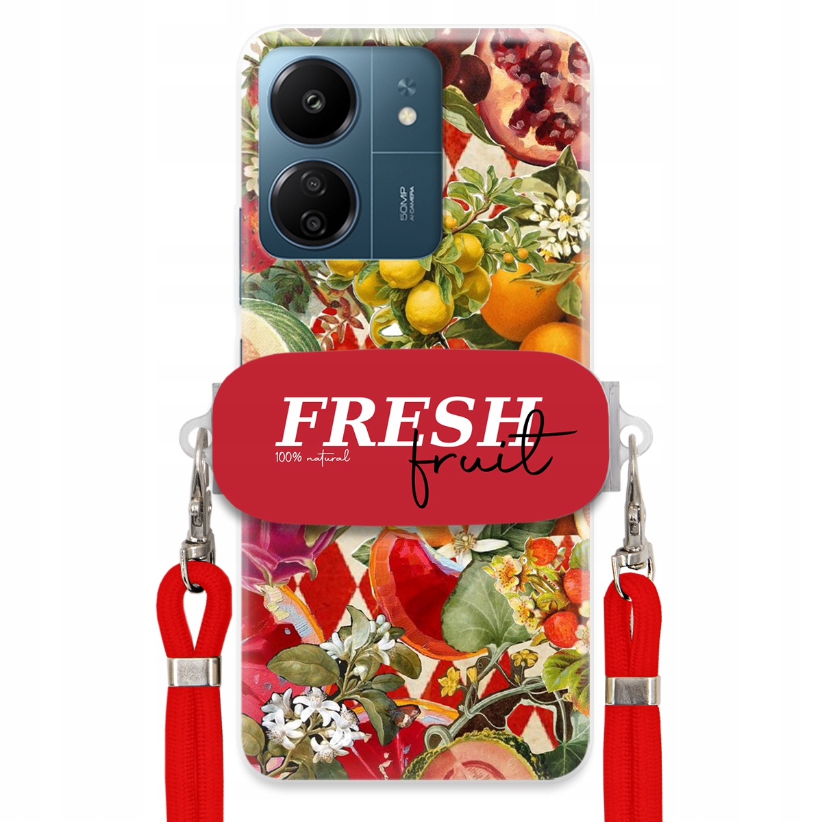 Pouzdro pro Xiaomi Redmi 13C 5G Červené Crossbody vodítko Držák Fresh Fruit