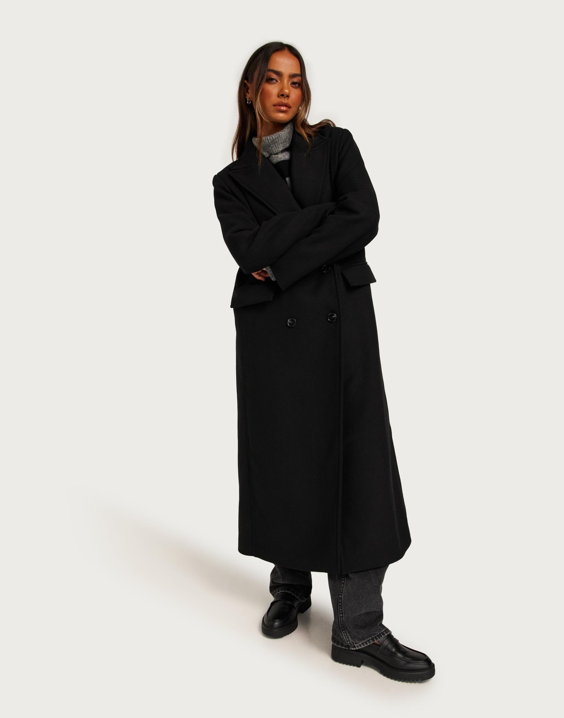 GINA TRICOT CZARNY PŁASZCZ DWURZĘDOWY OVERSIZE MAXI WEŁNA 8PS NG5__M