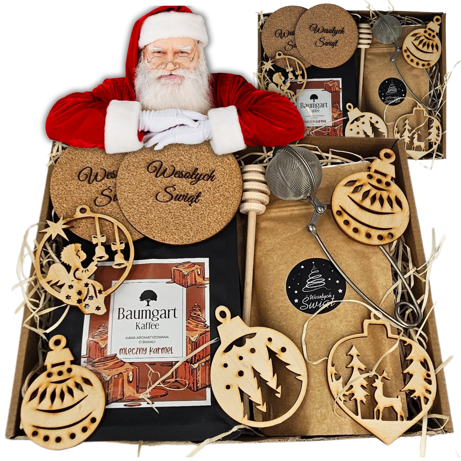 Gotowy Zestaw Kosz Prezentowy Box XL Kawa Herbata Bombki Zaparzacz