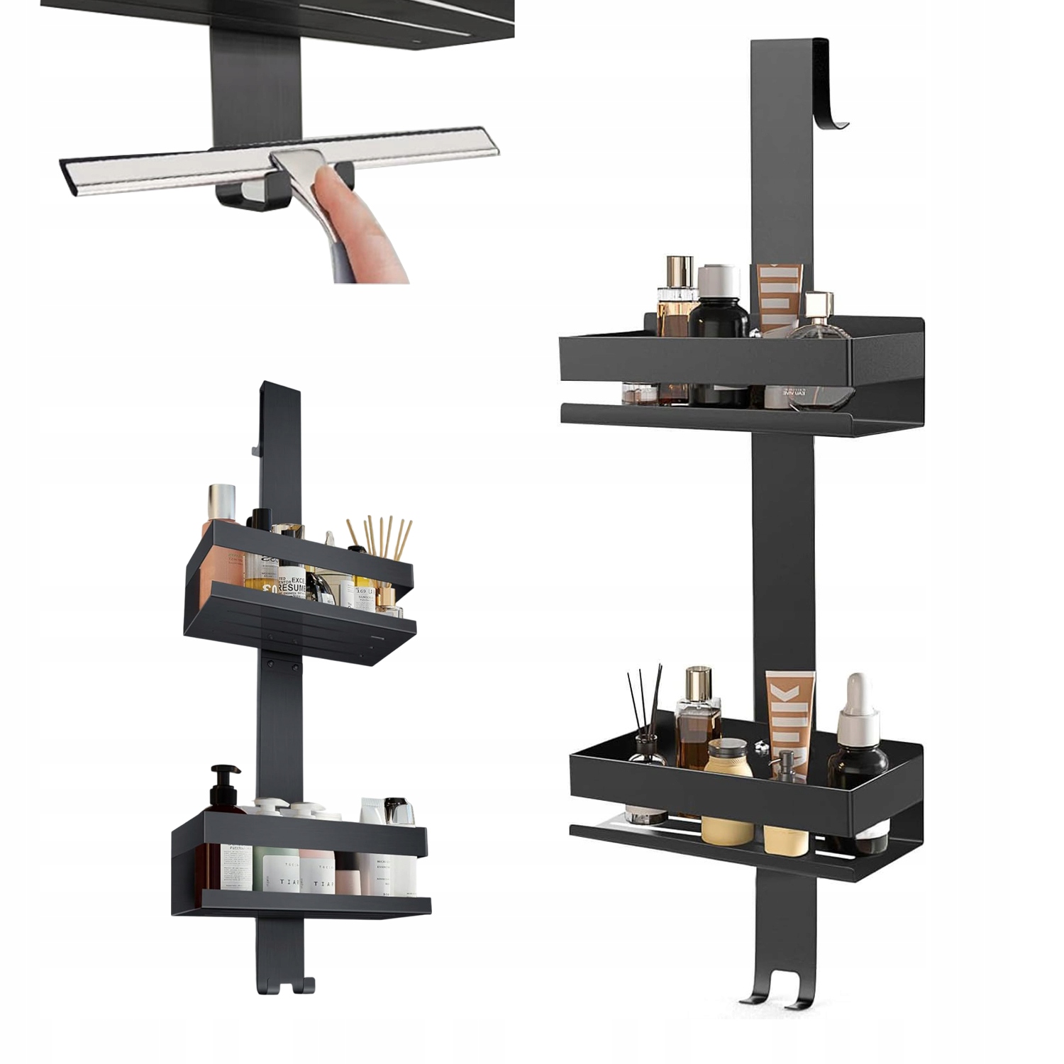 Závěsná Koupelnová Polička Černá Na Sprchové Dveře 2 Police 66 CM Háčky