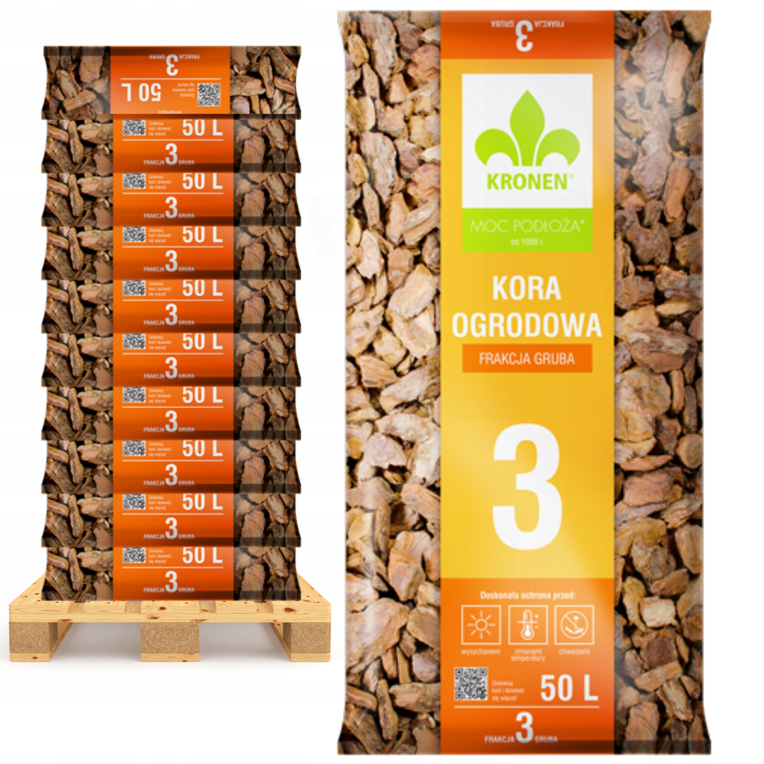 10x Kora Sosnowa Sortowana Gruba 3 Frakcja 40-70 MM Worki 50L Kronen