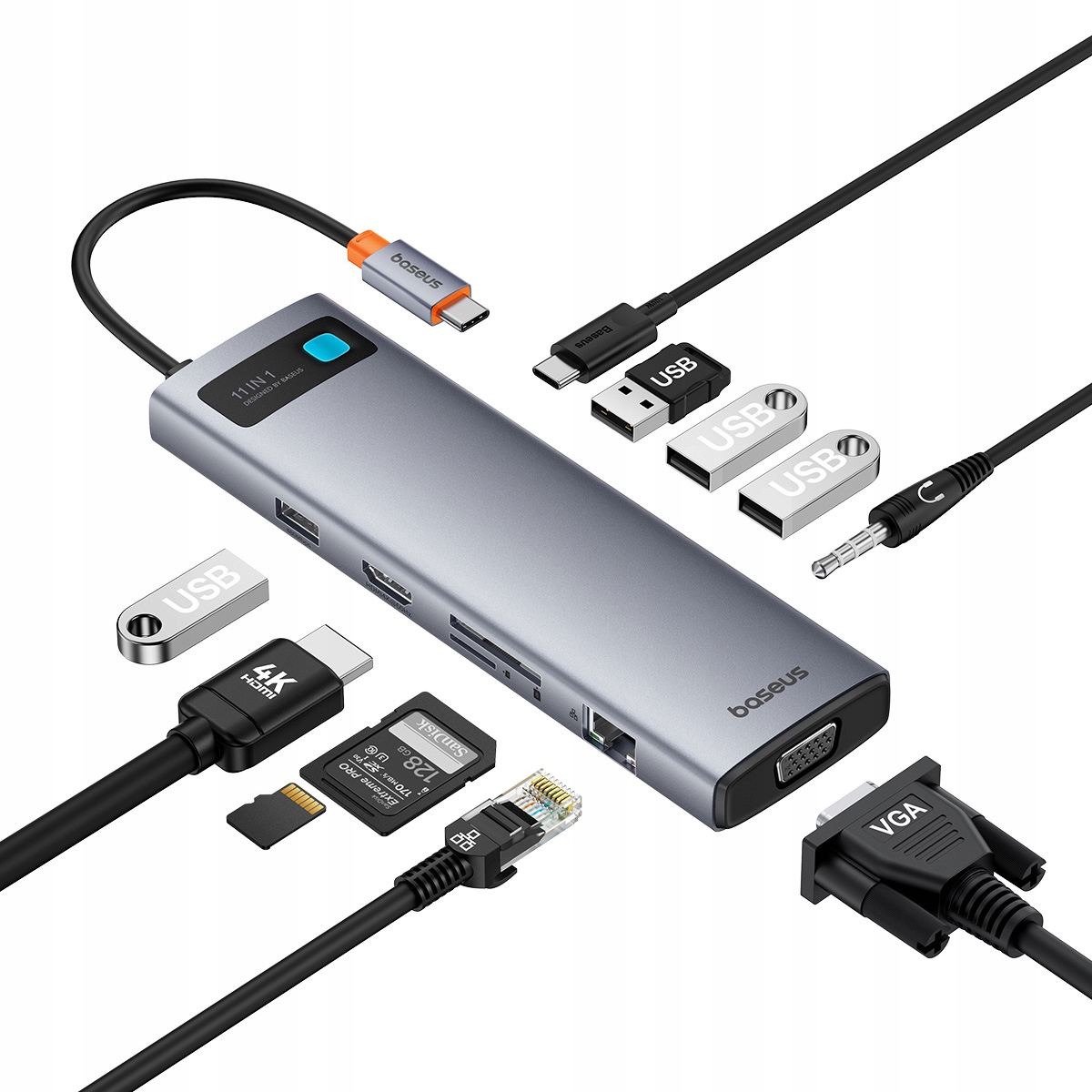 11w1 Hub adapter Usb-c do Usb-c Pd 4x Usb Hdmi Vga Aux RJ45 Sd Tf szary