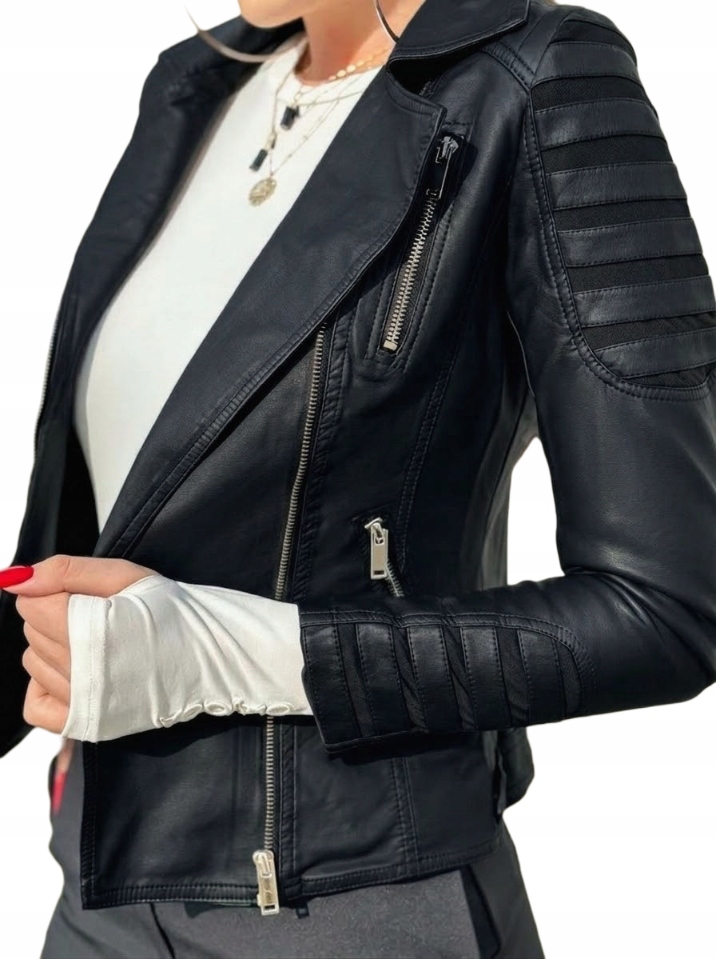 Kurtka Ramoneska Czarna Biker Skórzana 40 Libland Dopasowuje się do ciała