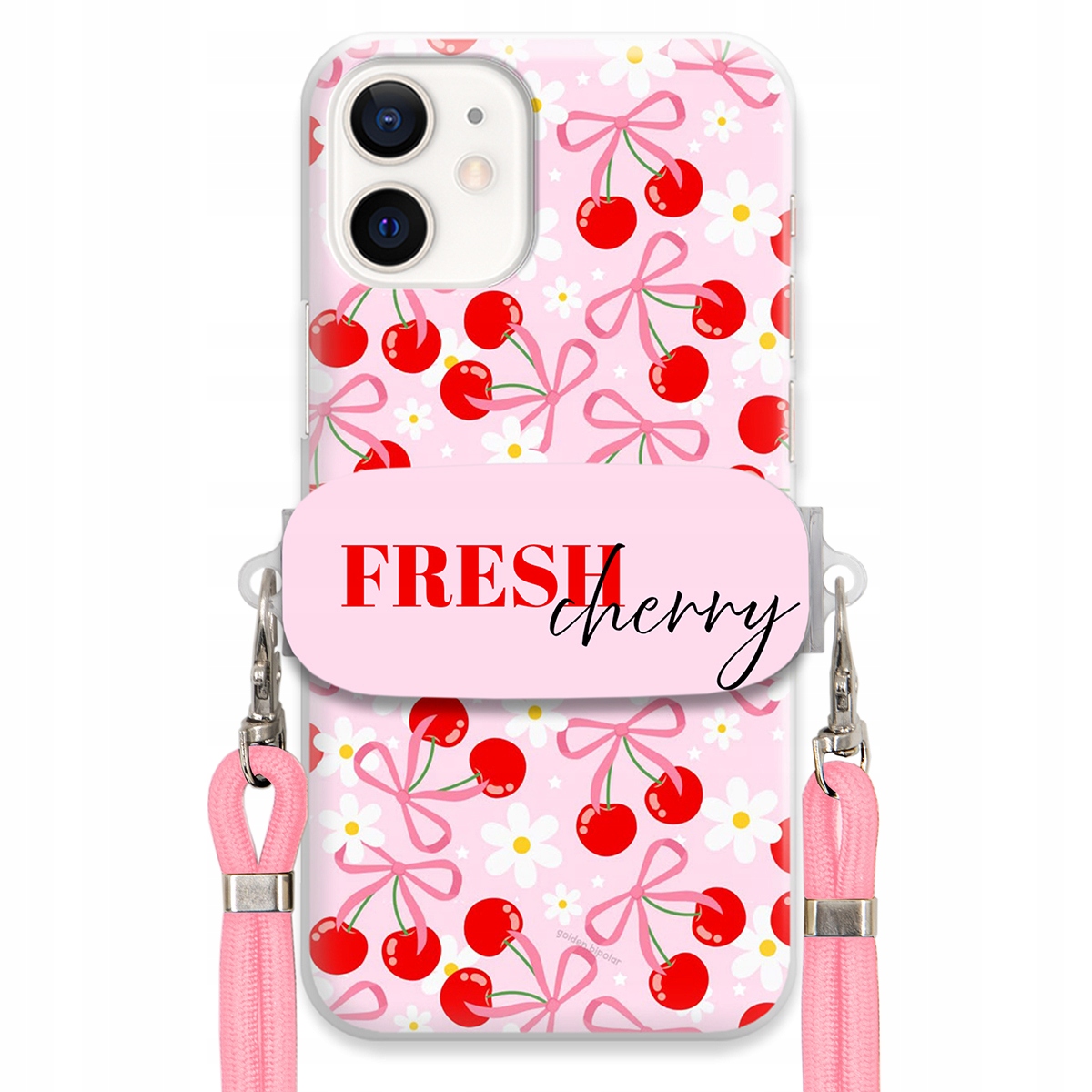 Pouzdro pro iPhone 12 Mini Case Držák Šňůrka Růžová Fresh Cherry Kokardy