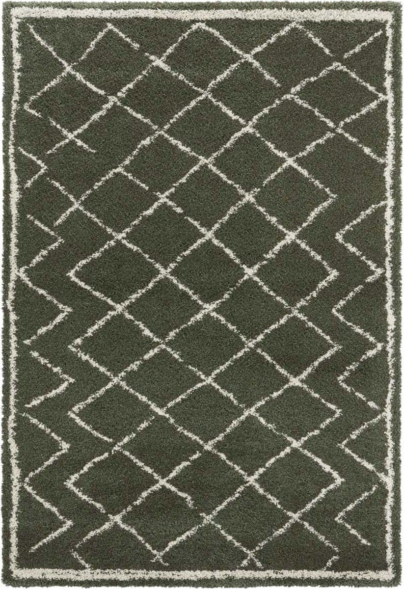 Zeleno krémový hrubý shaggy koberec do obývačky, boho vzor 200x290 cm